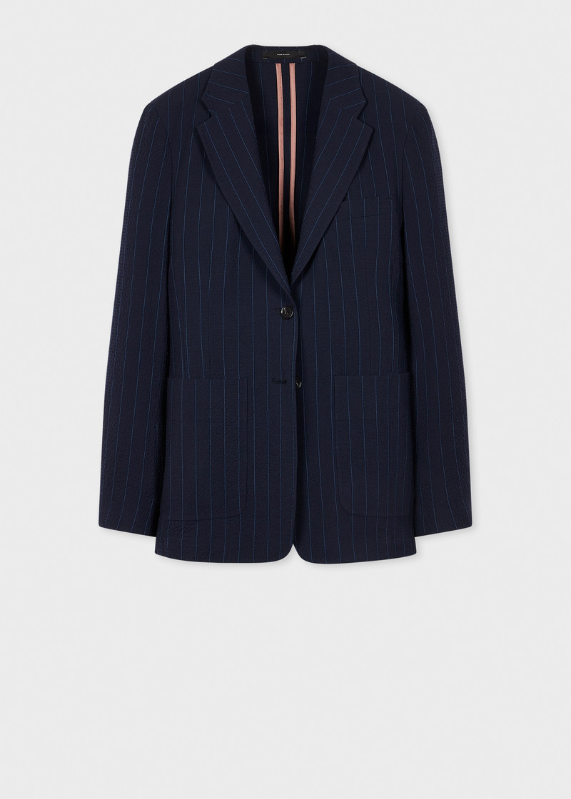 여성 모직 블렌드 해군 Seersucker Pinstripe 블레이저 1