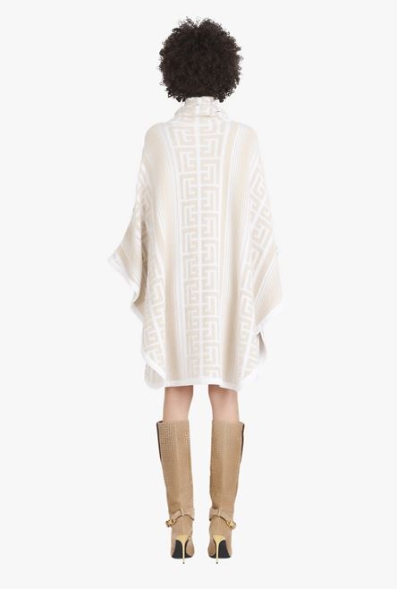 Sand-colored and white knit poncho with Balmain monogram - 3