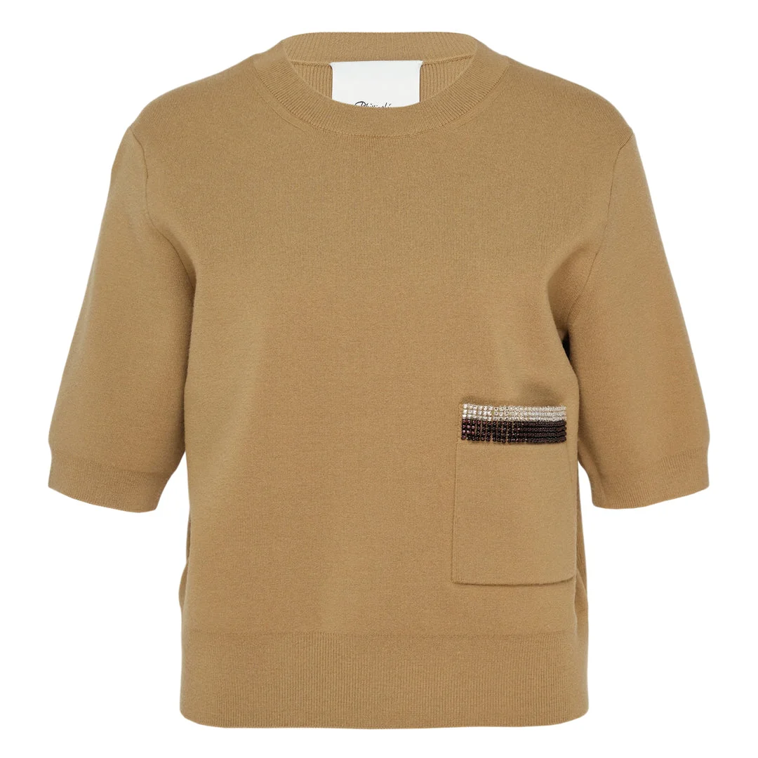 3/4 Sleeve Beaded Pocket Knit Top - 1