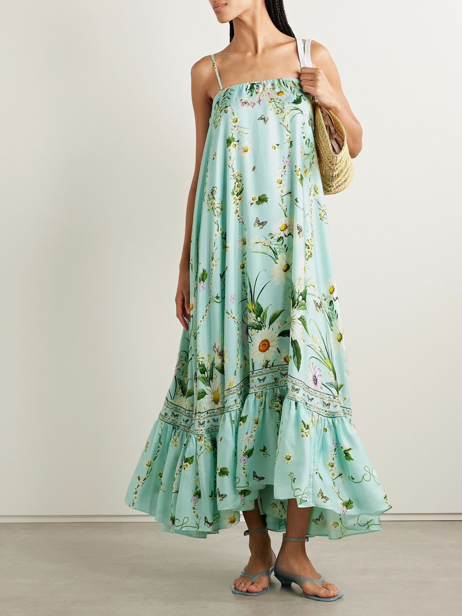 Strapless floral-print silk-twill maxi dress Turquoise - 2