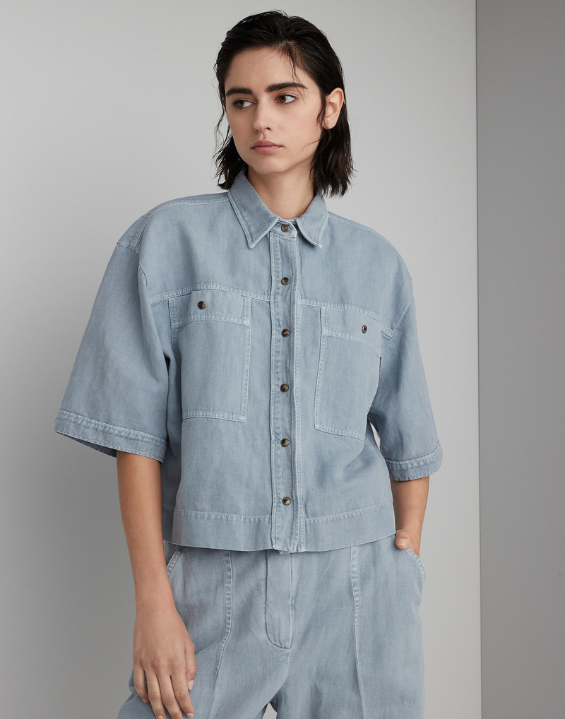 Garment-dyed shirt in cotton and linen cover with shiny tab - 1