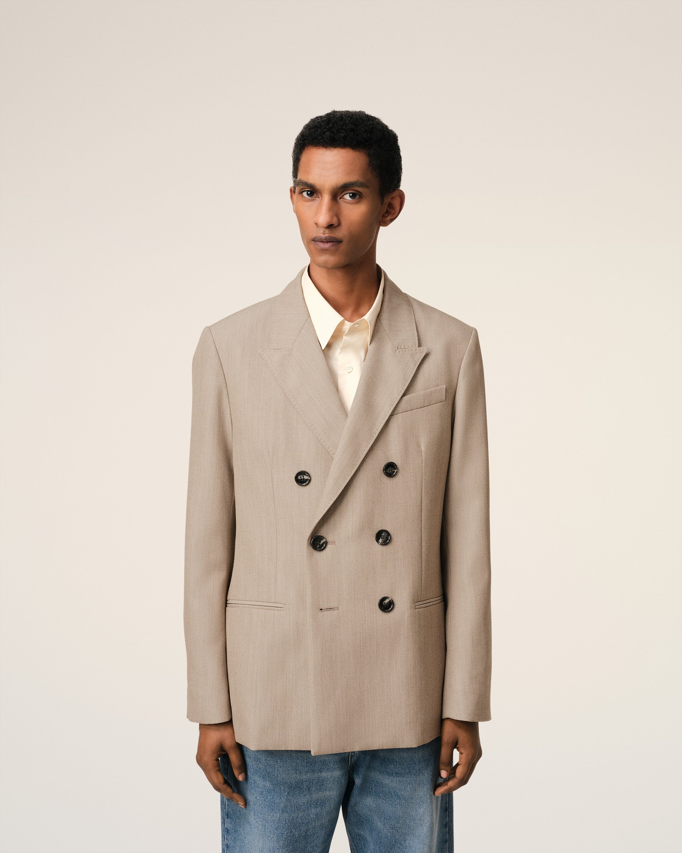 BEIGE WOOL BACK SLIT DOUBLE BREASTED JACKET - 3