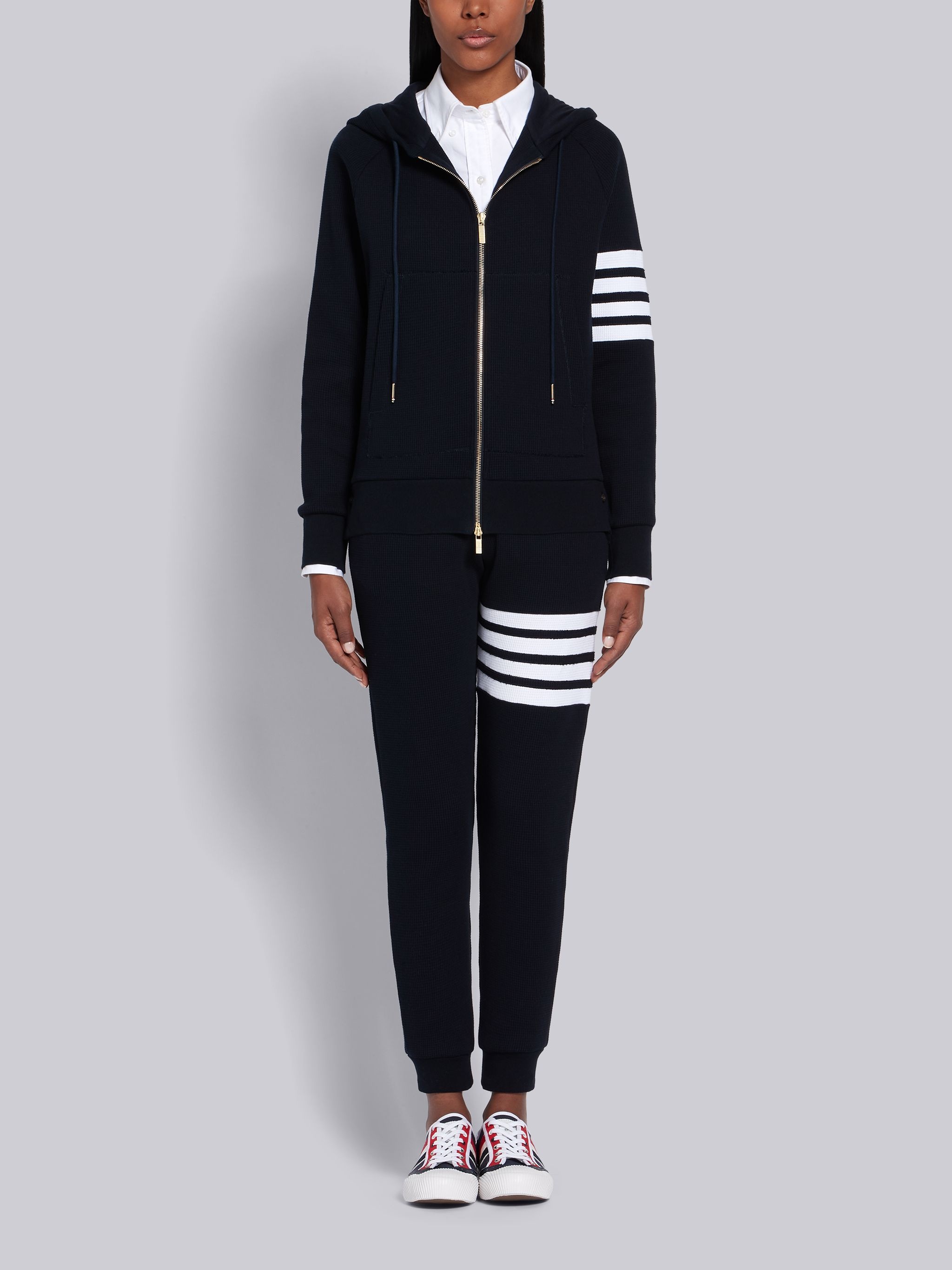 Navy Waffle Zip-Up 4-Bar Hoodie - 4