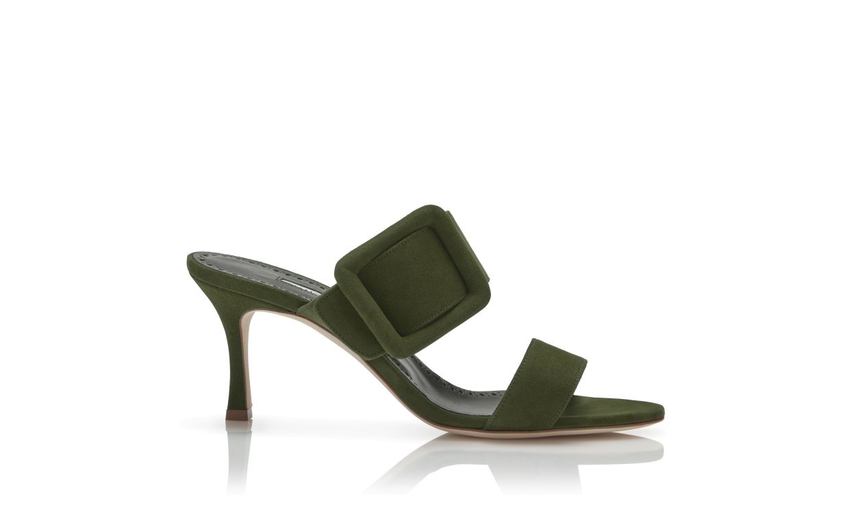 Dark Khaki Green Suede Open Toe Mules - 1