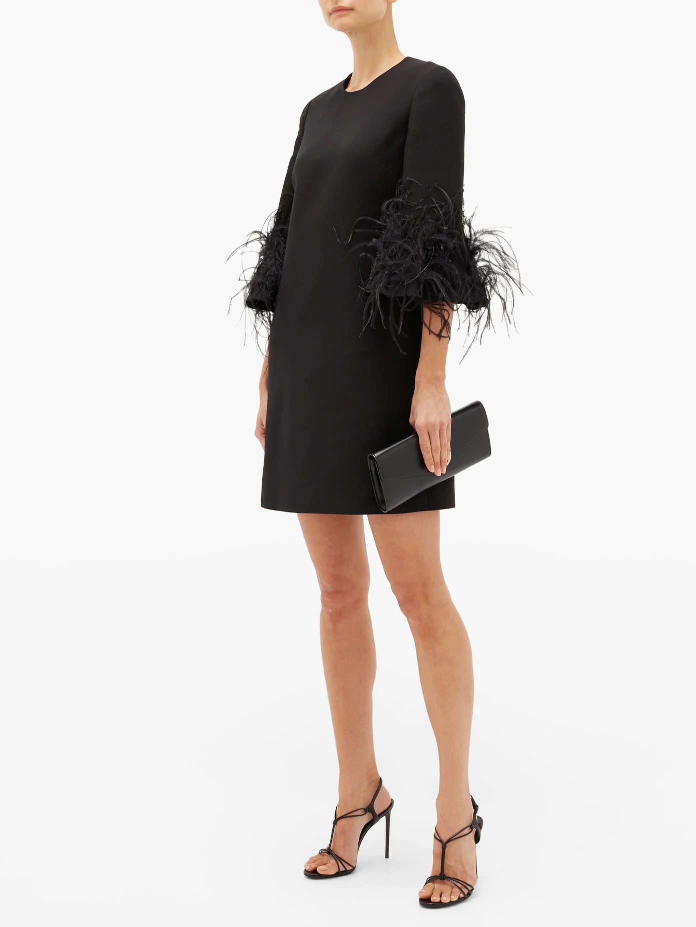 Cropped-sleeve feather-trimmed wool-blend dress - 7