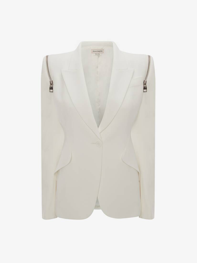 Zip Peak Shoulder Leaf Crepe Jacket in Ivory - 1