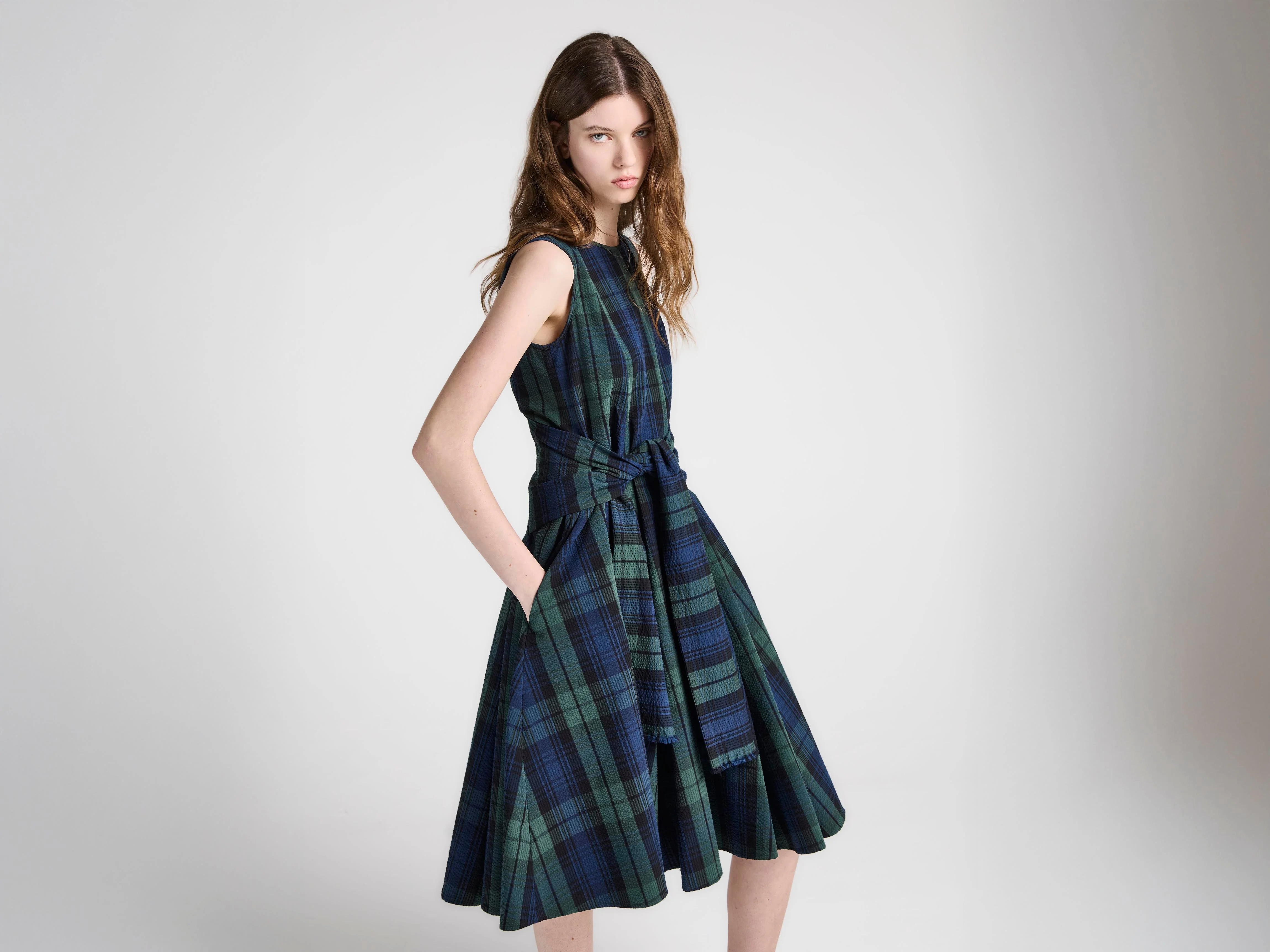 WOMENS CLOQUE DRESS IN NAVY & GREEN - 1