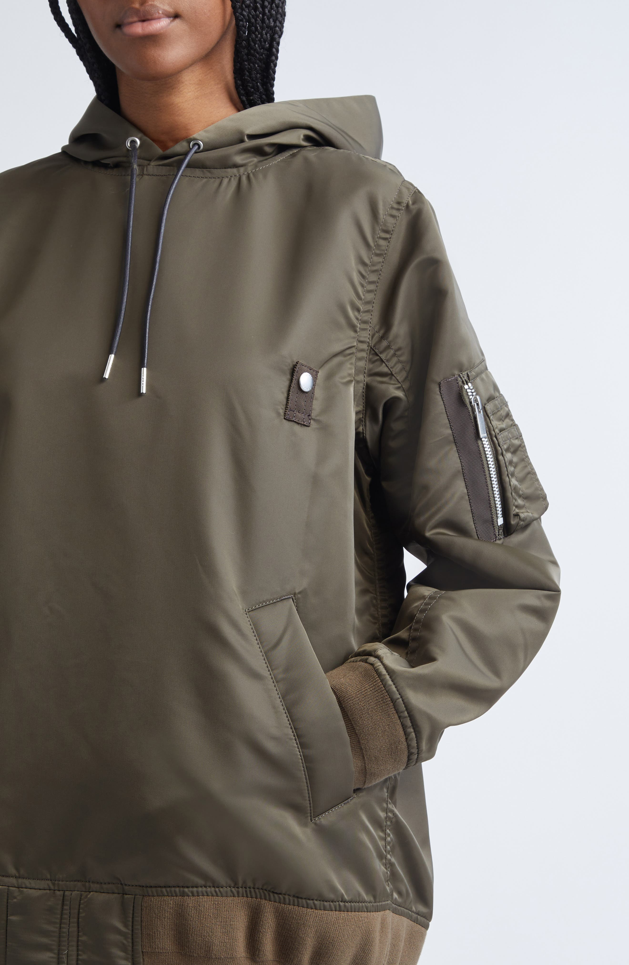 Sacai Nylon Twill Hoodie in Dark Khaki at Nordstrom - 5