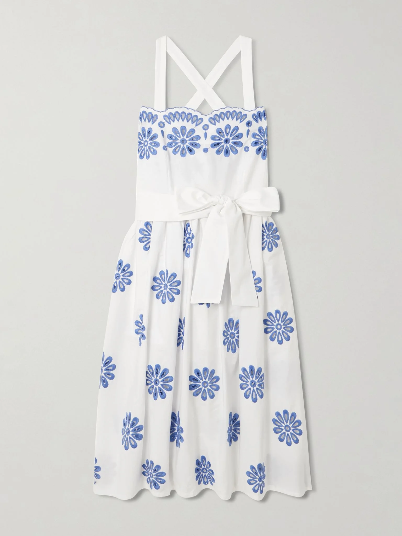 Belted scalloped broderie anglaise cotton midi dress White - 1