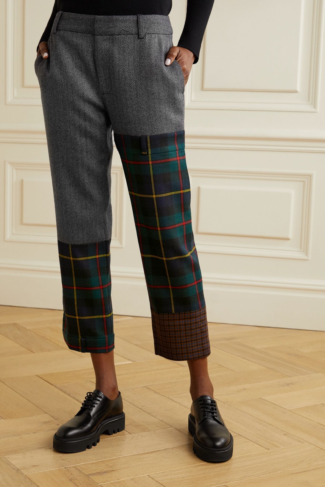 Patchwork wool-blend straight-leg pants - 3