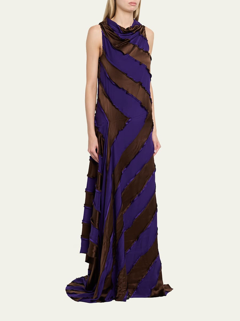 Cowl-Neck Striped Silk Asymmetric Maxi Dress 4