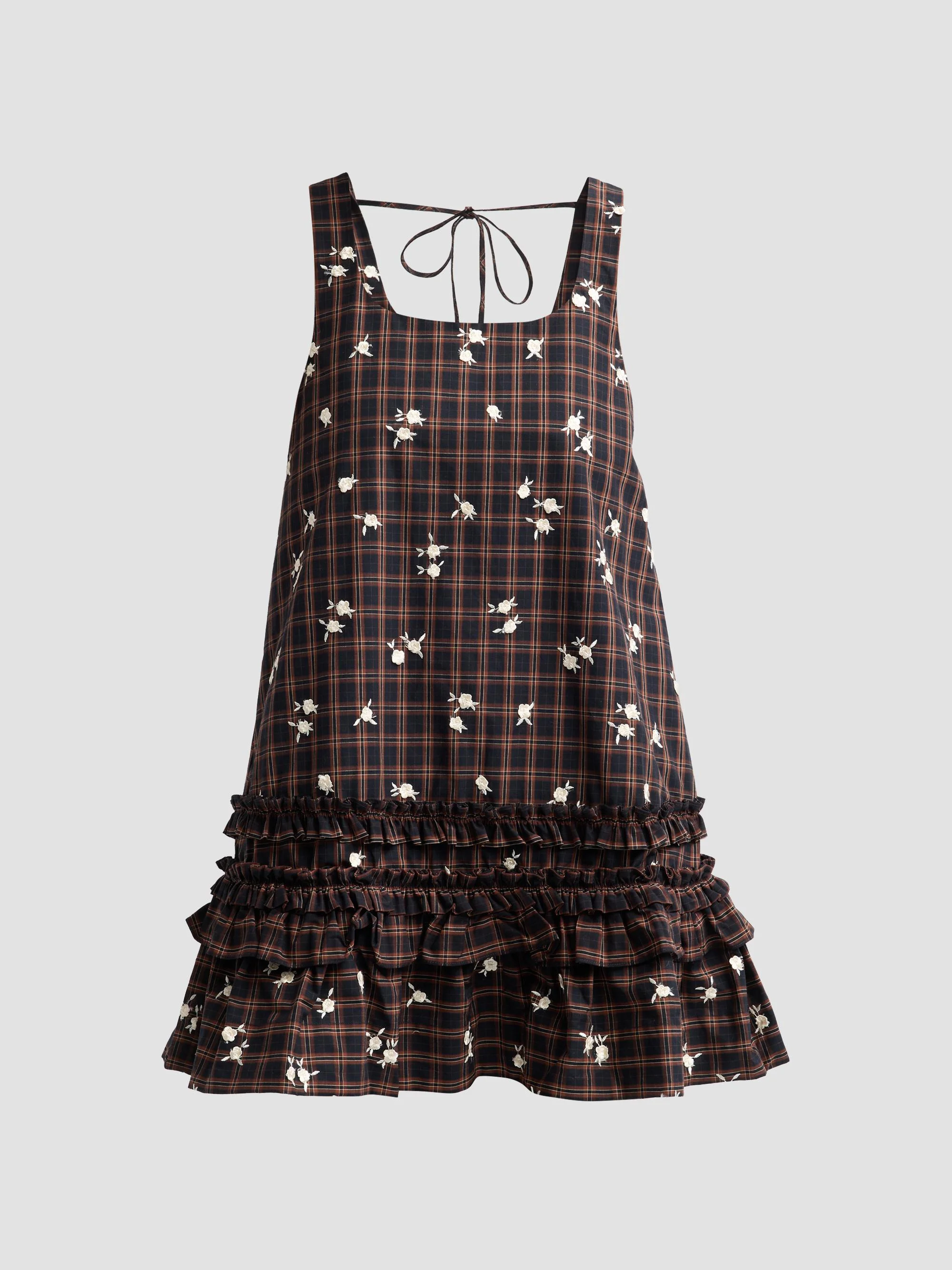Women's Floral Check Ruffle Mini Dress - Cappuccino - 1