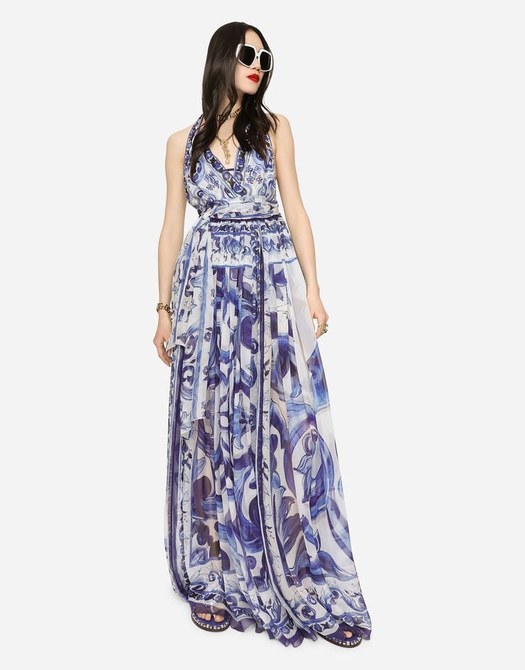 Long sleeveless chiffon dress with majolica print - 5