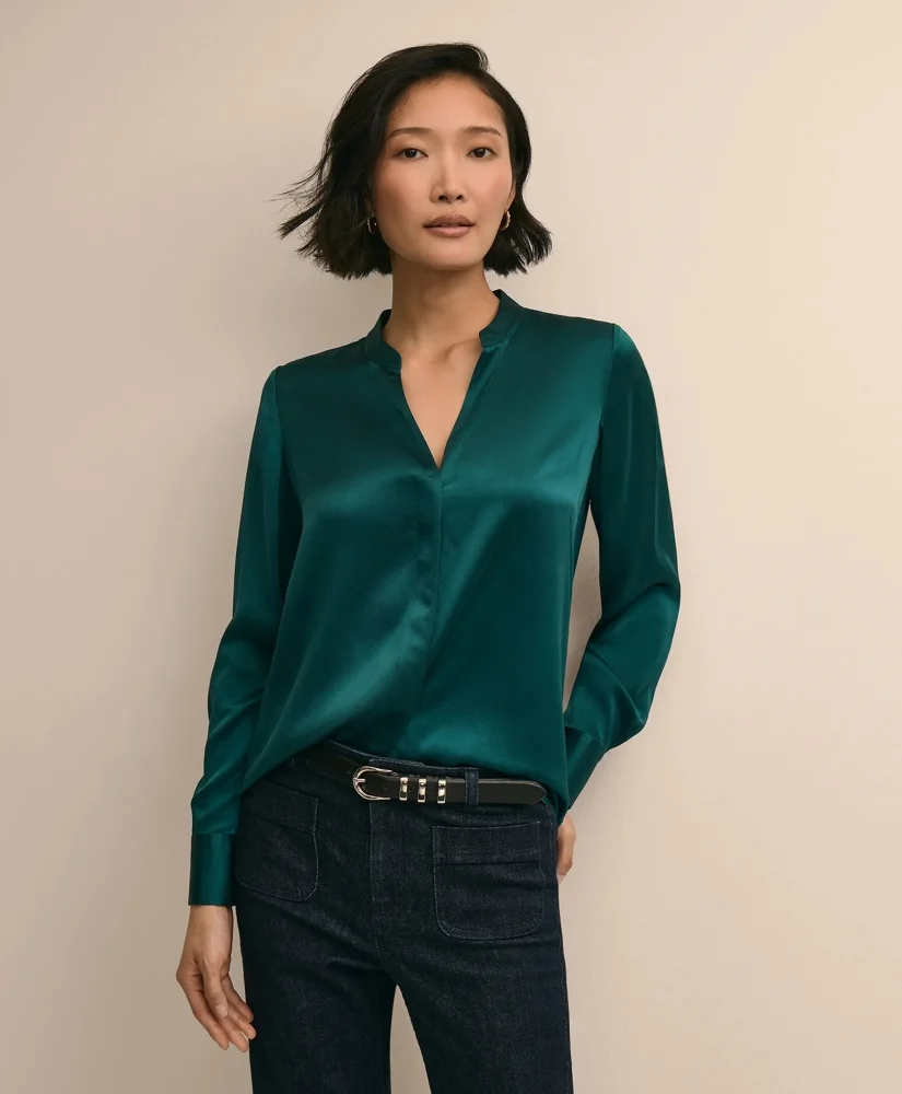 Silk Open V-Neck Blouse - 1