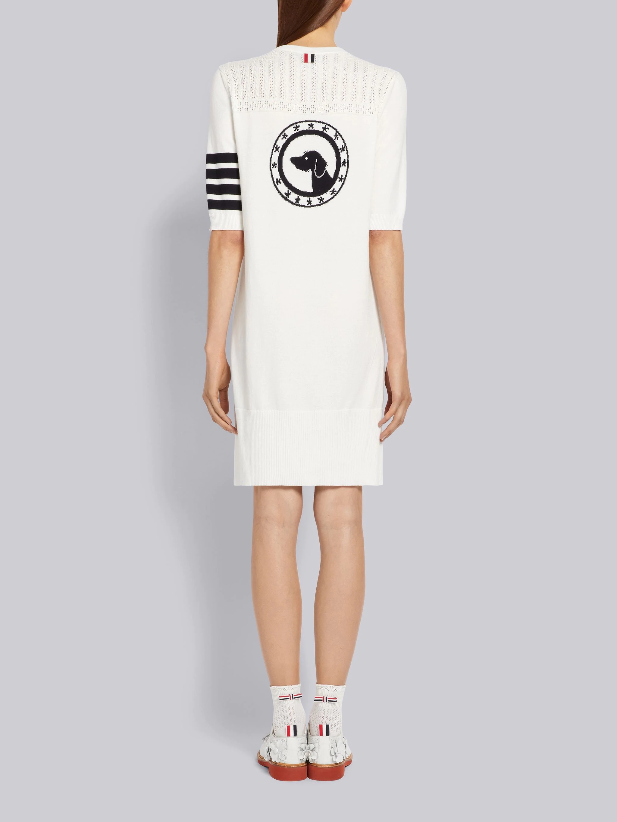 White Cotton Hector Medallion 4-Bar Short Sleeve Mini Dress - 3
