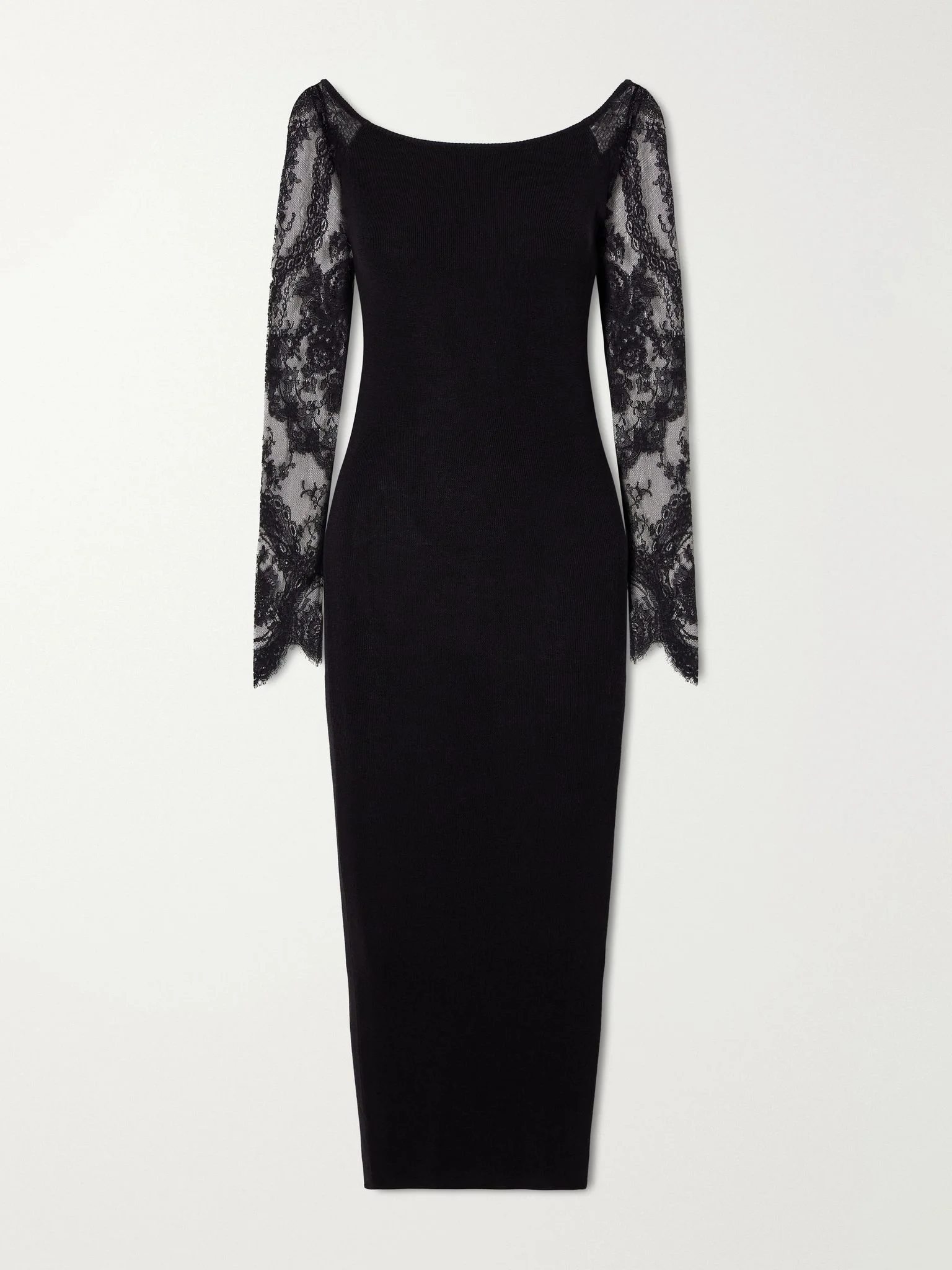 Lace-trimmed wool-blend midi dress Black - 1