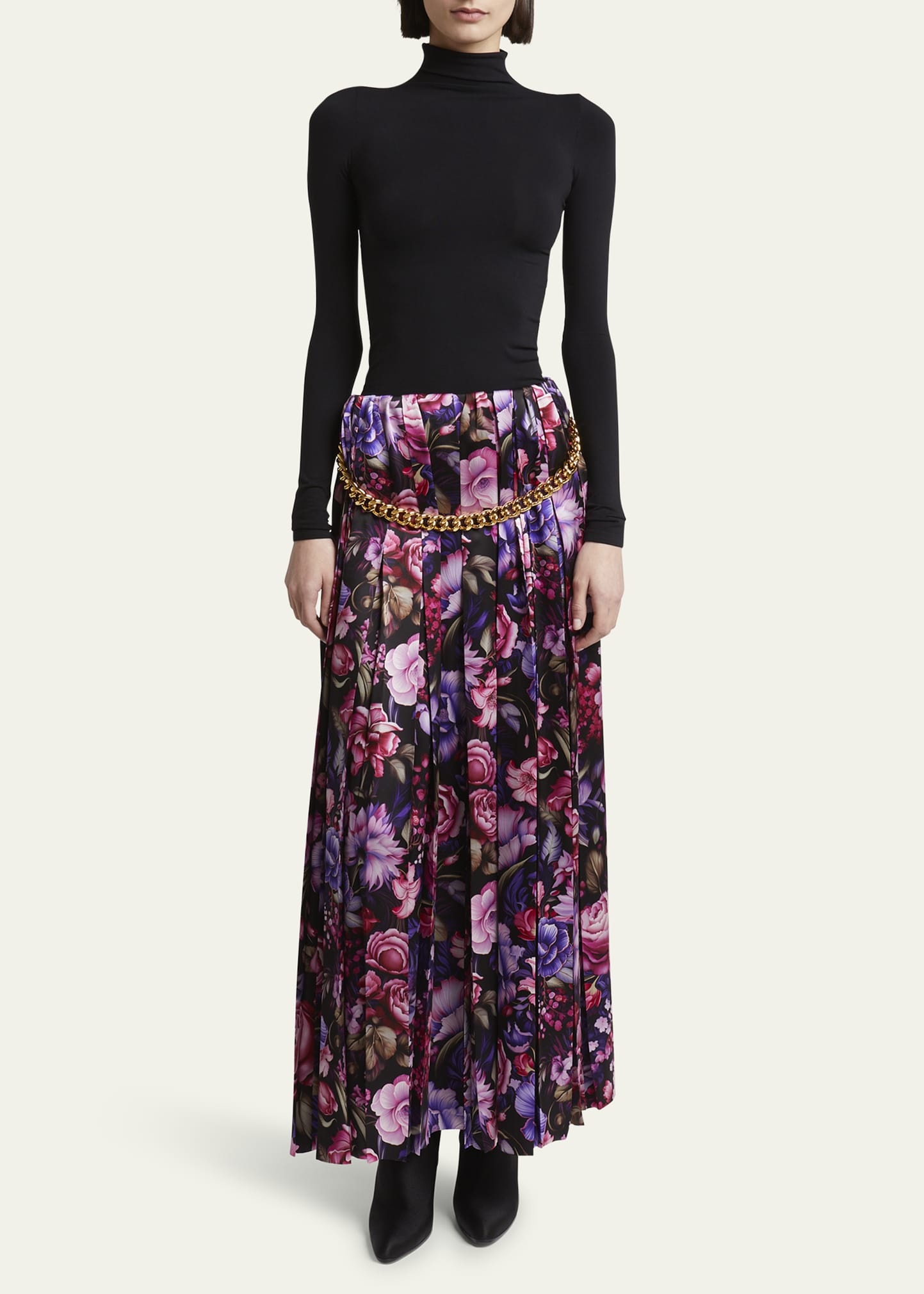 Floral Print Pleated Long Silk Skirt with Chunky Chain - 2