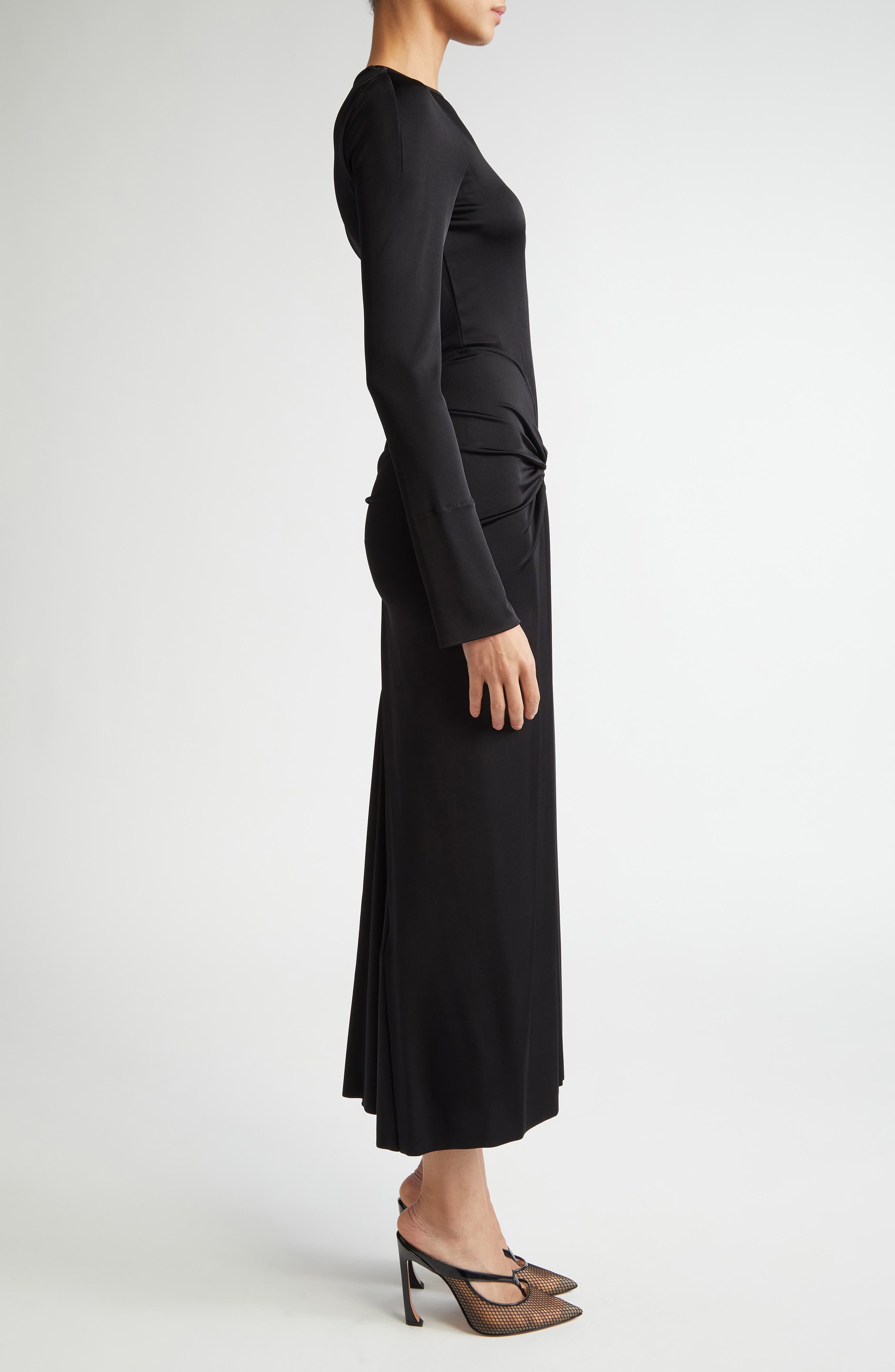 Victoria Beckham Long Sleeve Gathered Jersey Midi Dress in Black at Nordstrom - 3