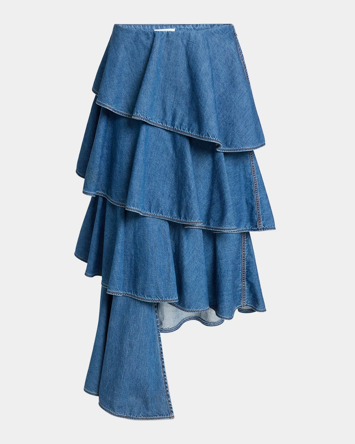 Spiral Ruffle Denim Midi Skirt - 1