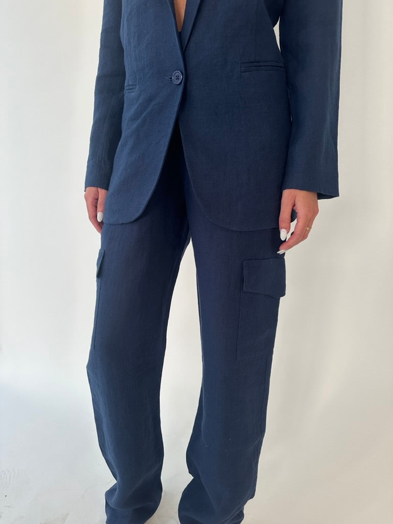 NAVY LINEN CARGO PANTS - 2