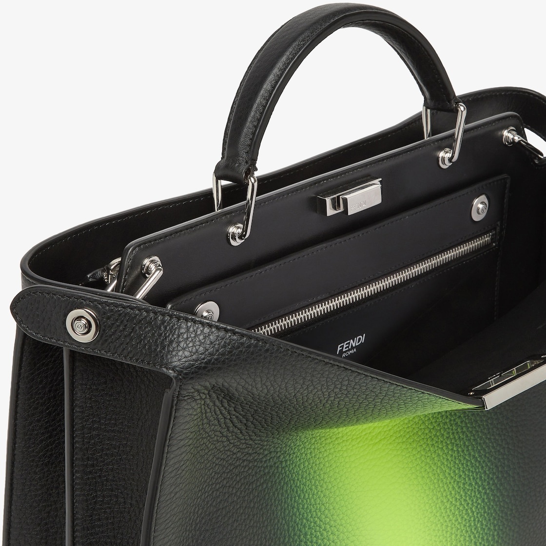 Medium Peekaboo ISeeU bag made of black Cuoio Romano leather with neon yellow gradient shading. The  - 7