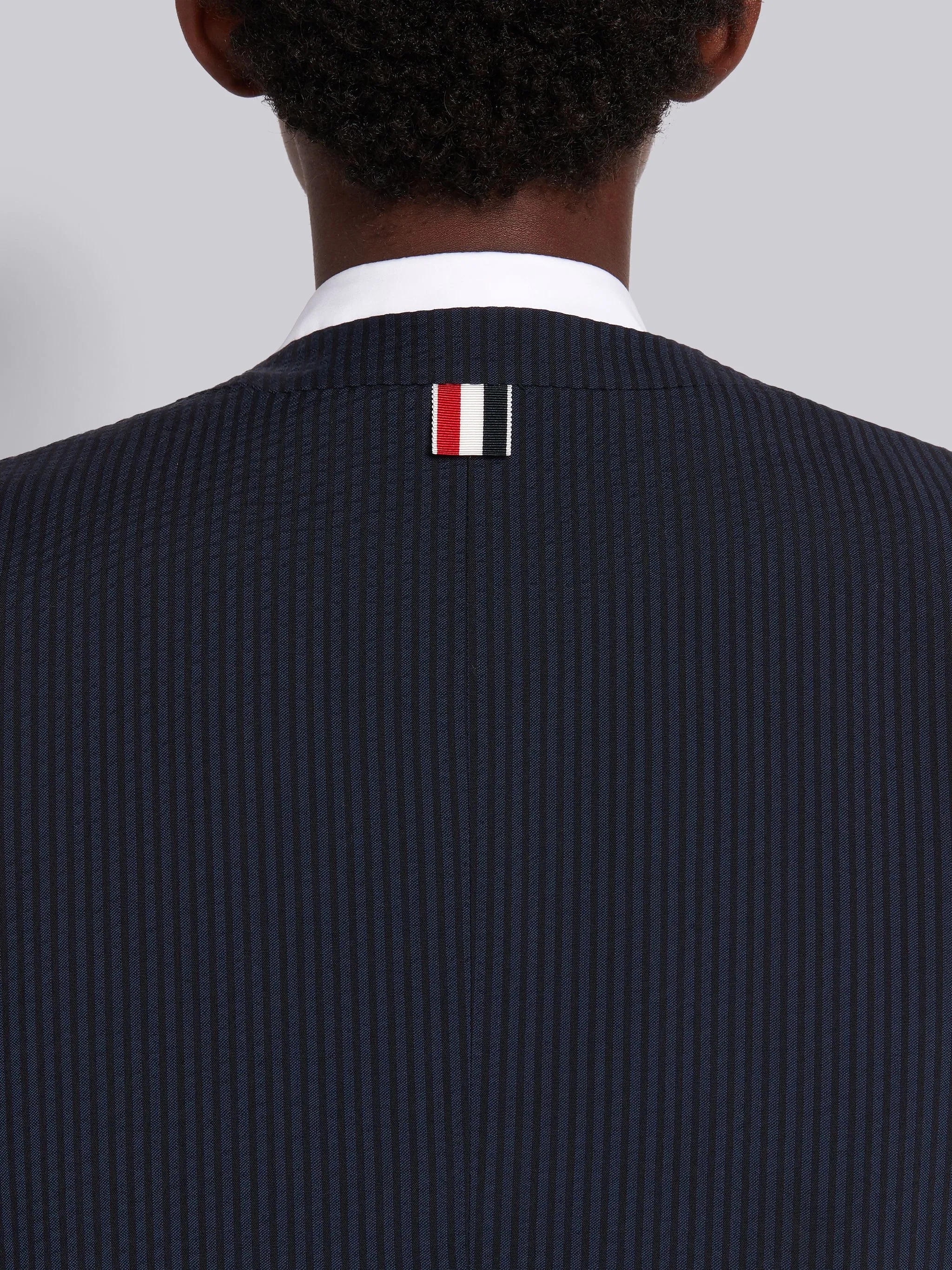 Navy Wool Seersucker Crewneck Cardigan Mini Coat - 5