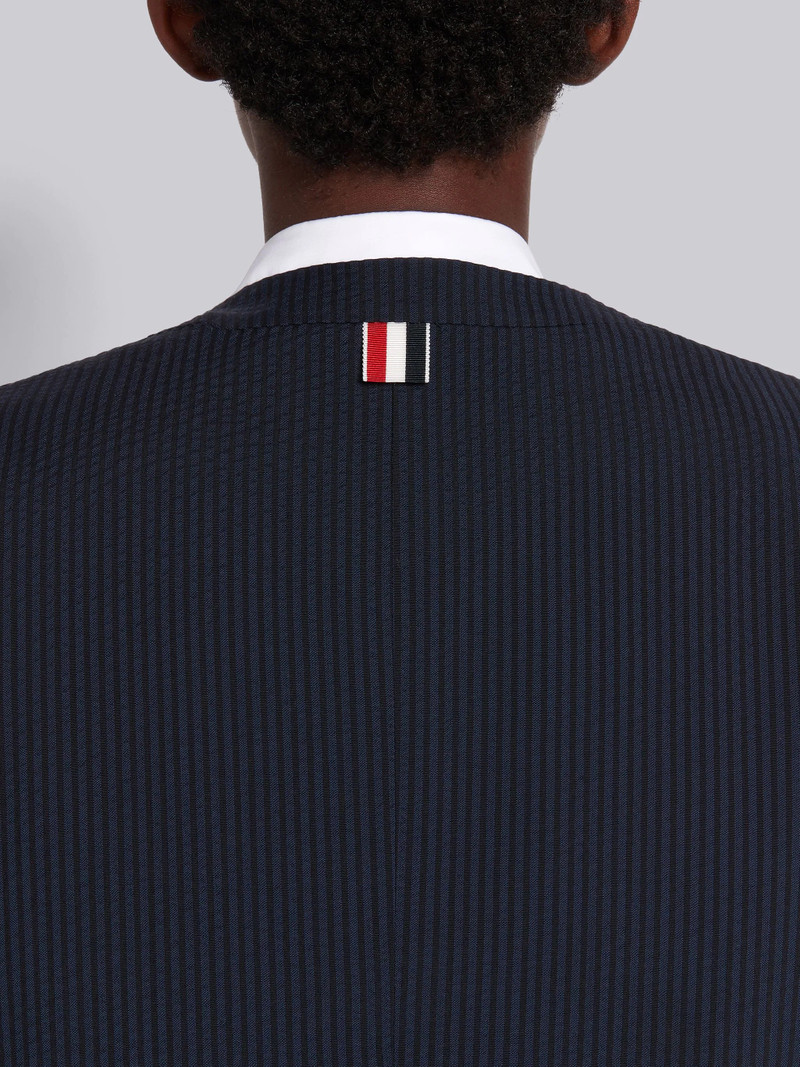 Navy Wool Seersucker Crewneck Cardigan Mini Coat 5