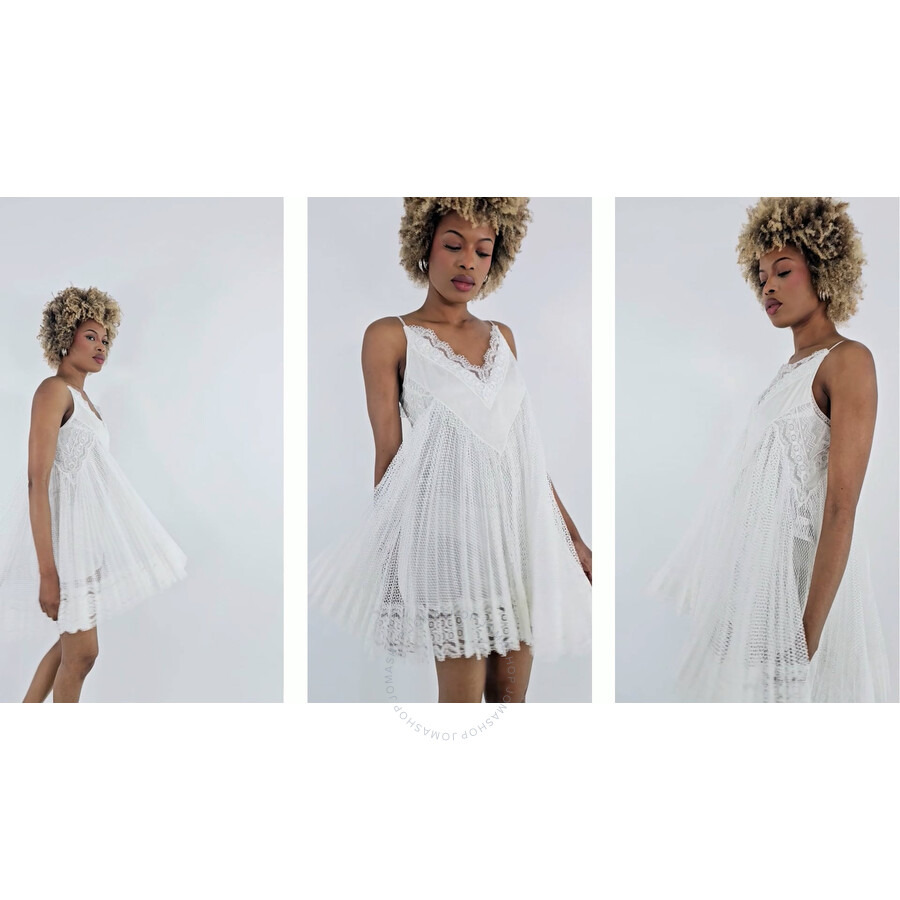 Burberry Ladies Optic White Fishnet And Lace Pleated Dress With Silk Slip - 3