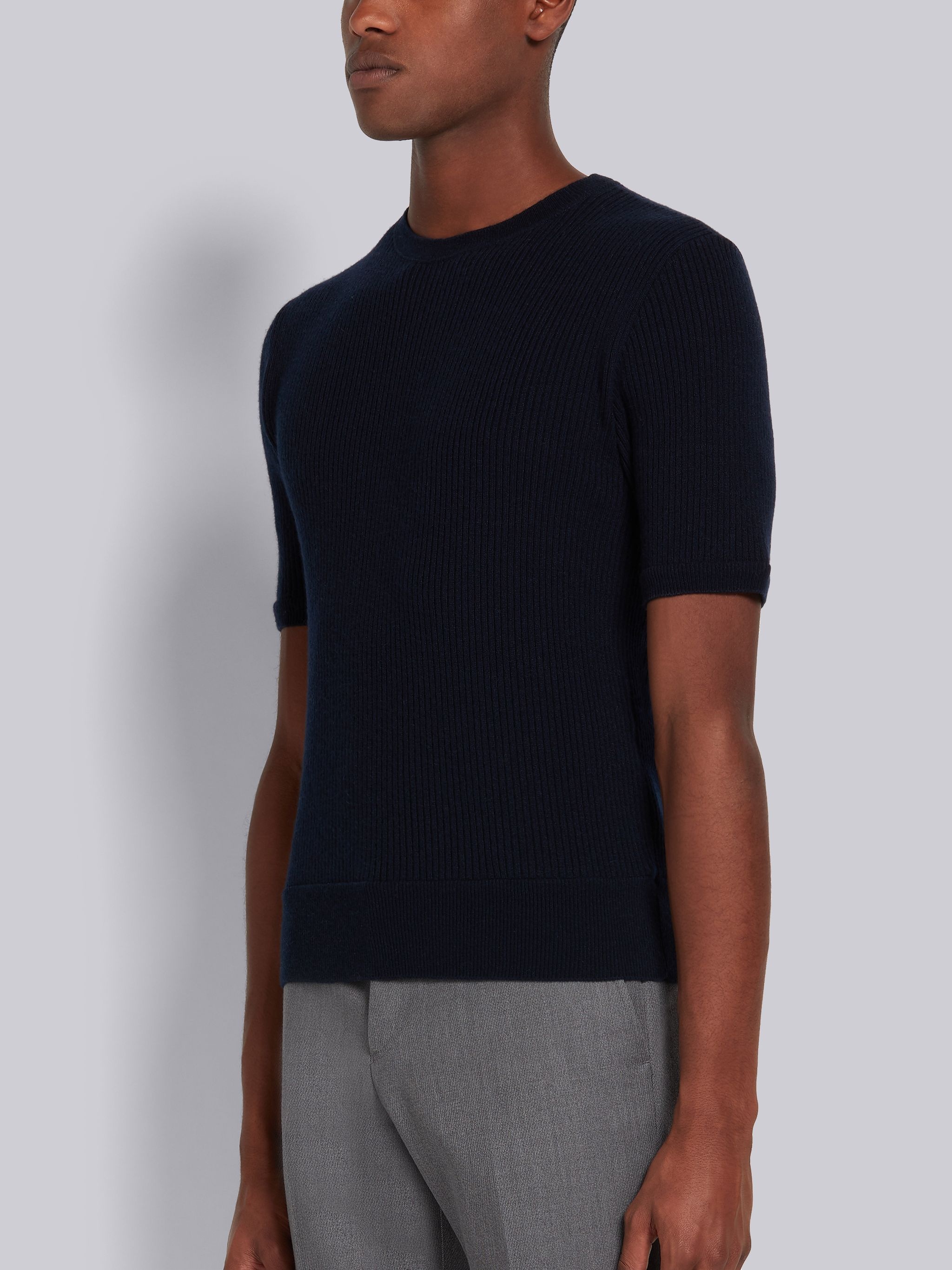 Navy 2x2 Cashmere Rib Cuff Short Sleeve Tee - 2