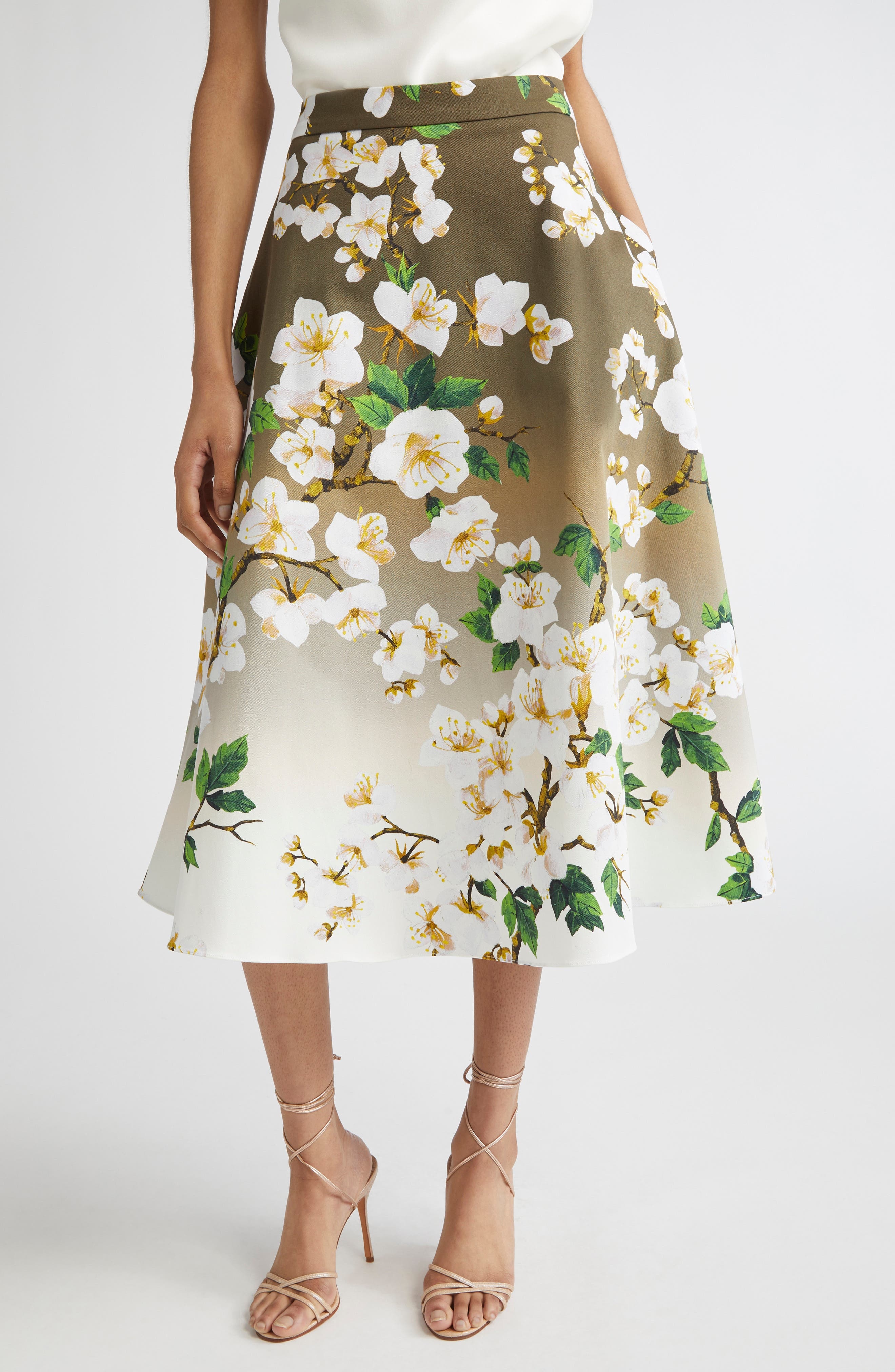Oscar de la Renta Cherry Blossom Dégradé Poplin Midi Skirt in White Khaki Ombre at Nordstrom - 1