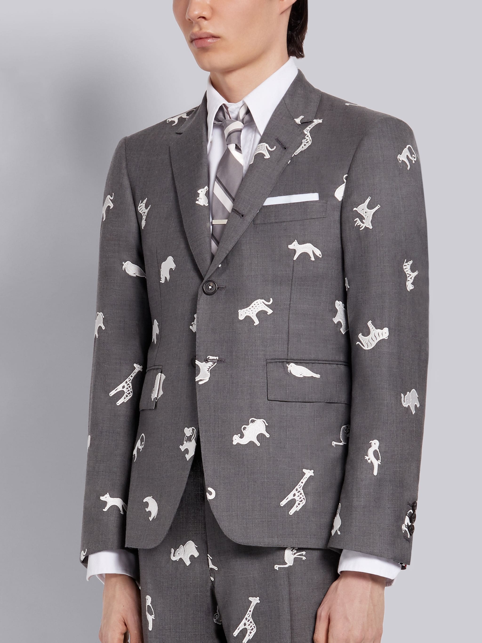 Medium Grey Wool Twill Multi-Animal Icon Embroidered Classic Sport Coat - 2