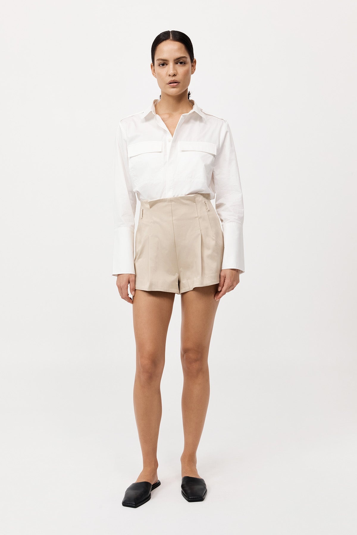Cotton Paperbag Waist Shorts - Champagne - 2