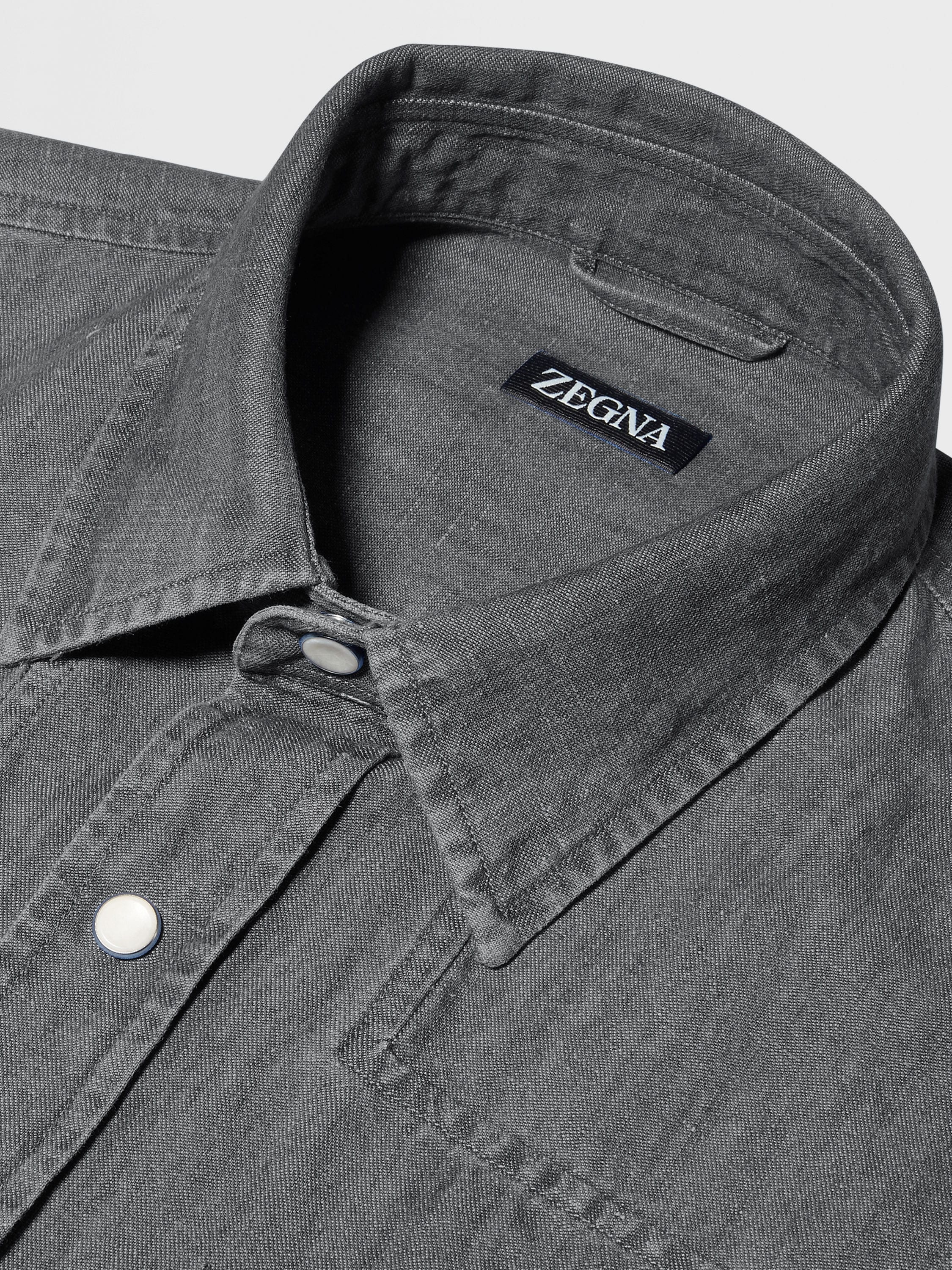 LIGHT GREY BLEACHED COTTON AND LINEN DENIM SHIRT - 3