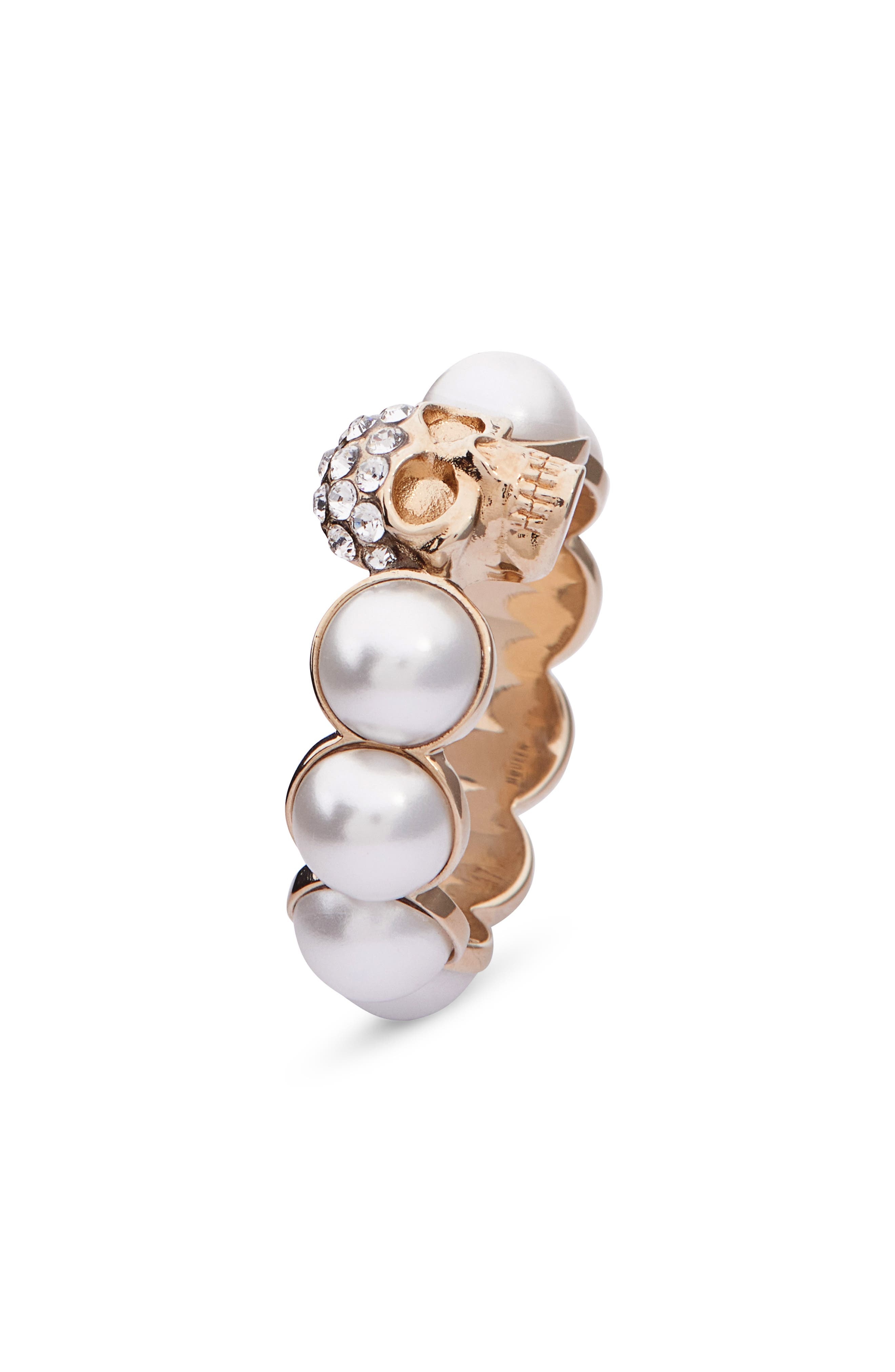 McQueen Crystal Skull & Faux Pearl Ring in Pearl/Sw at Nordstrom - 3