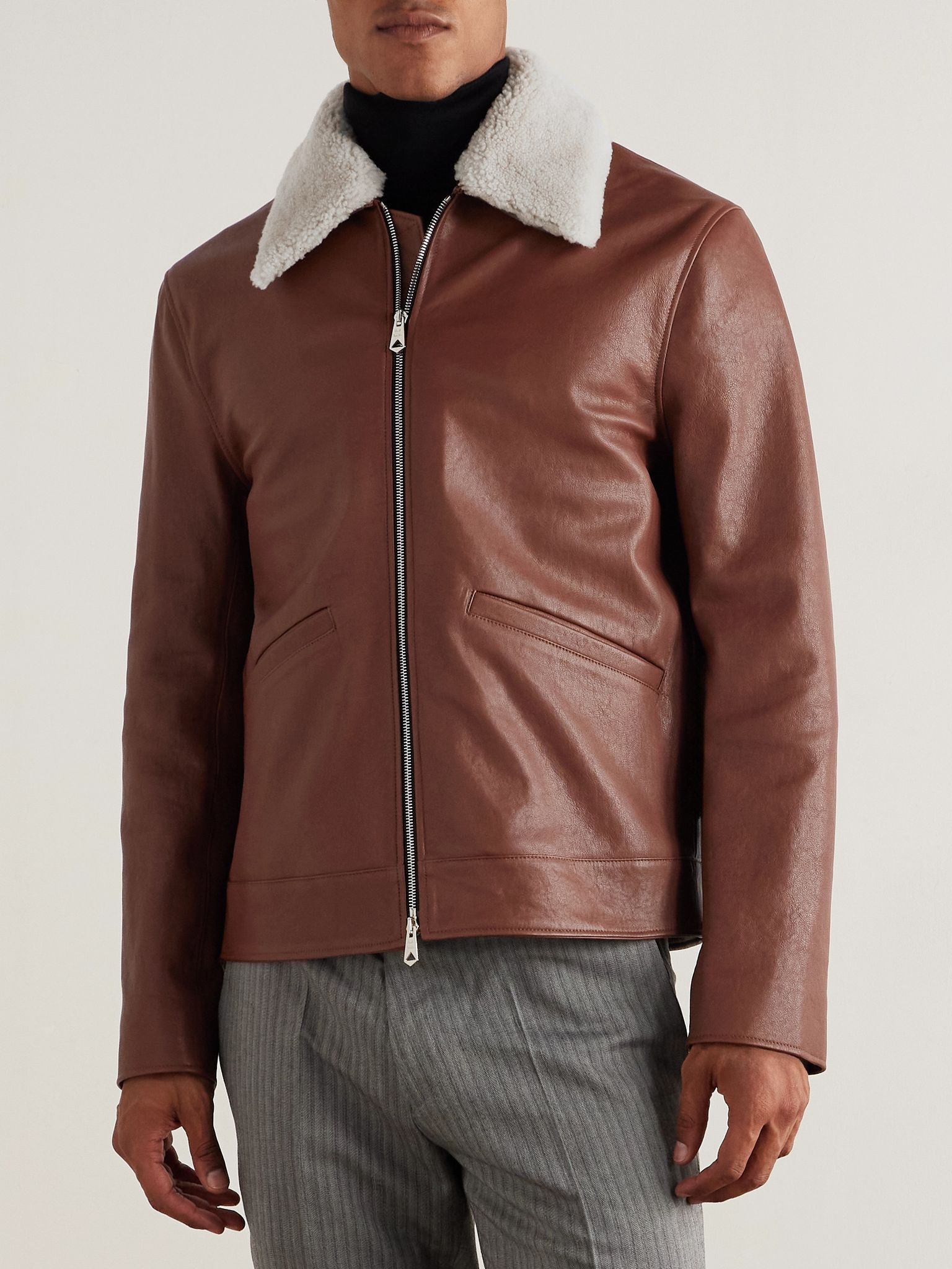 Shearling-Trimmed Leather Jacket Brown - 3