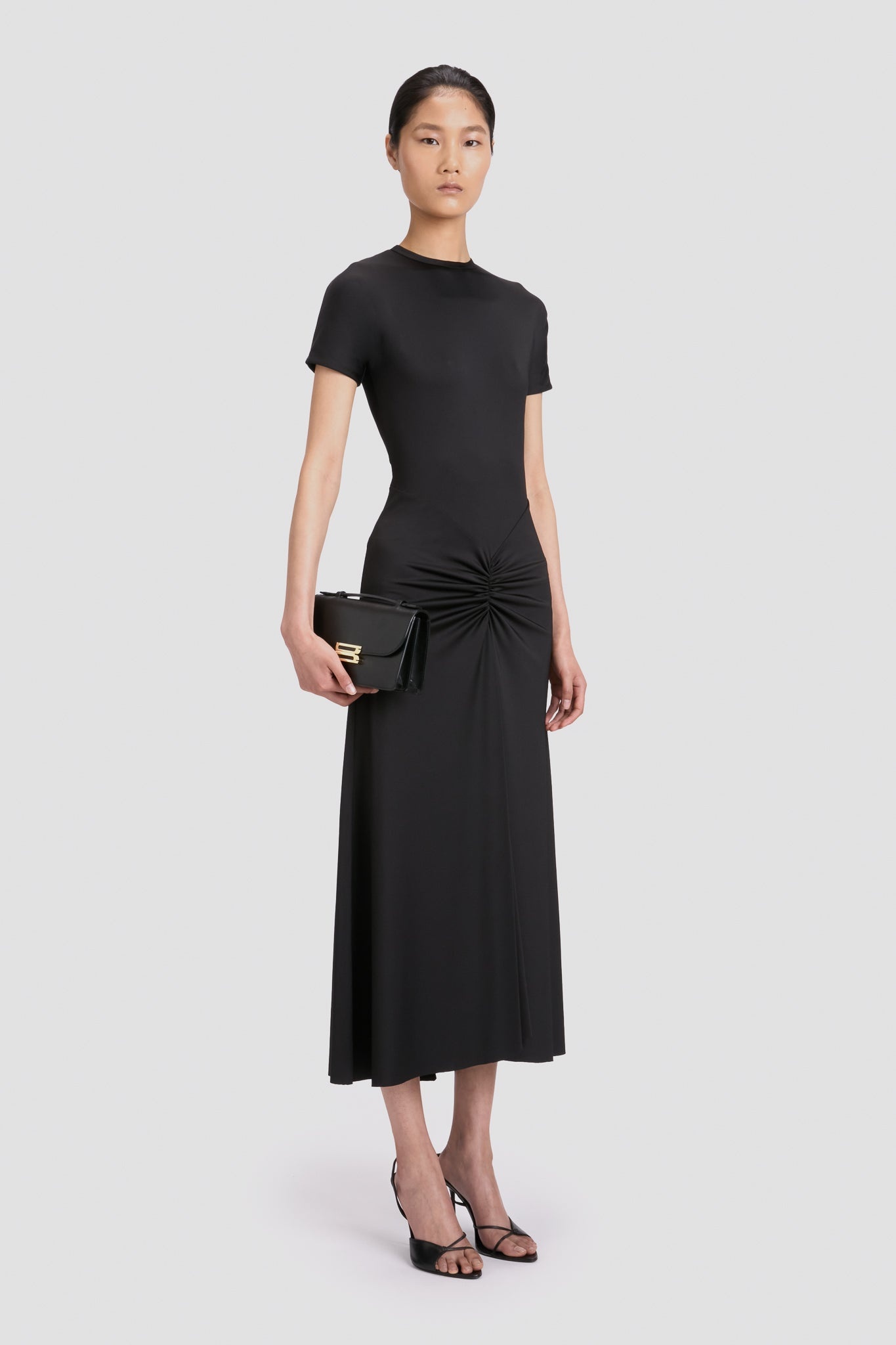 Gathered Waist T-Shirt Midi Dress In Black - 3