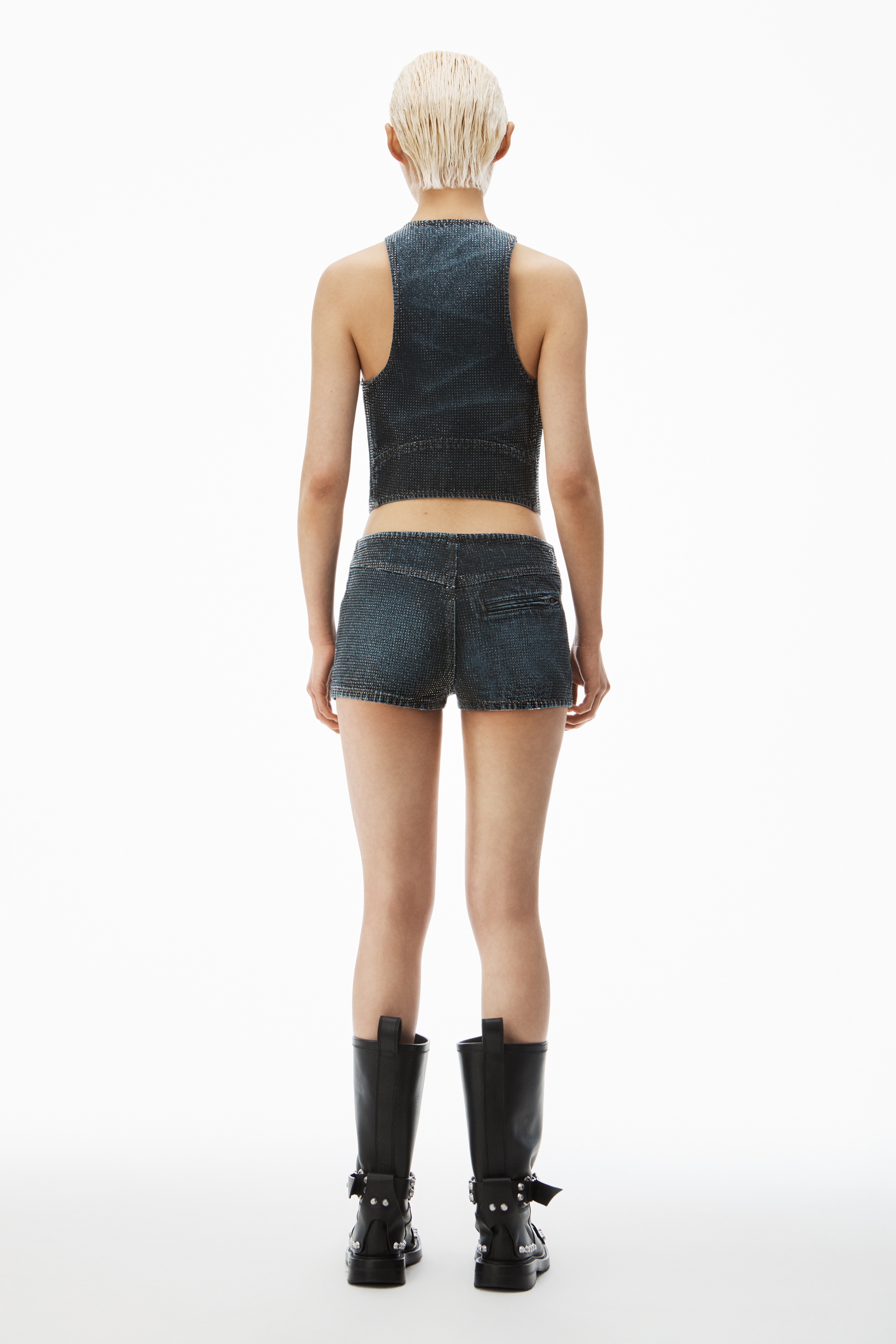 clear crystal hotfix moto micro short in cotton denim - 5