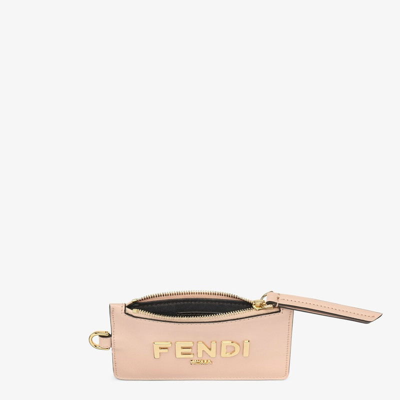 FENDI Fendi Roma card holder with zipper closure and Pequin ribbon strap. Made of pink leather. Gold-finis outlook