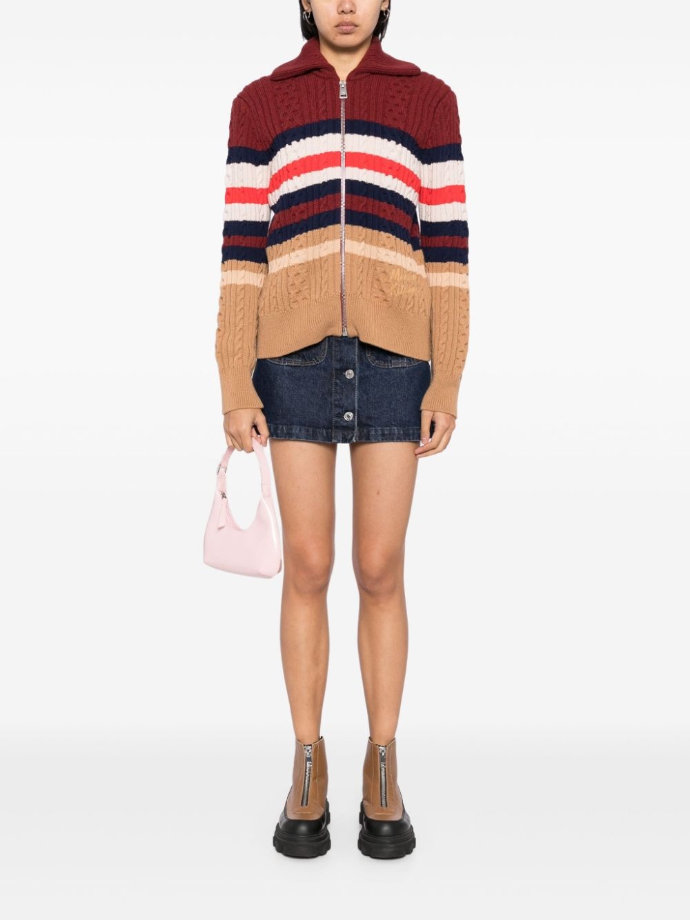striped cable zipped cardigan - 2