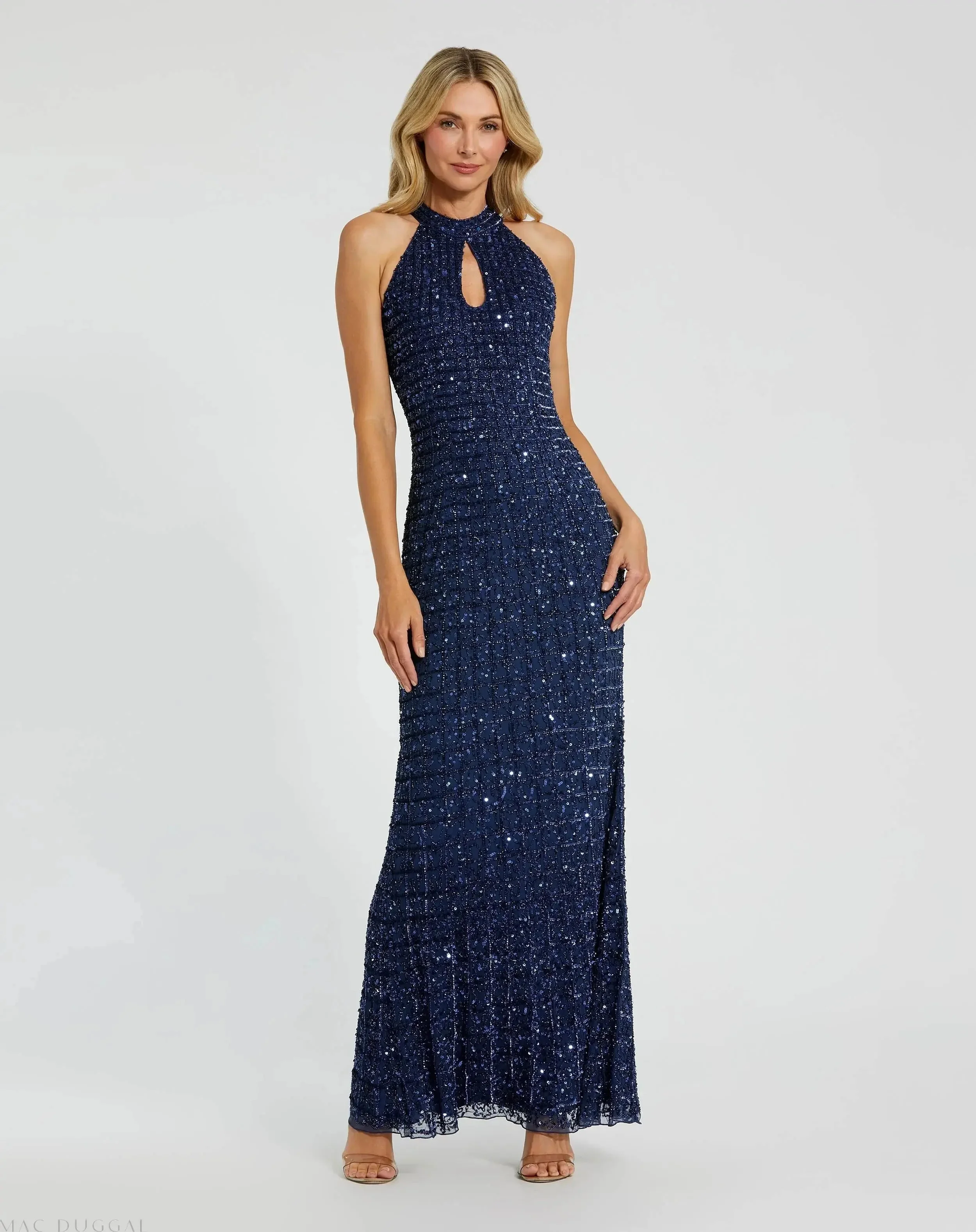 Navy Embellished Halter Neck Keyhole Gown - 1