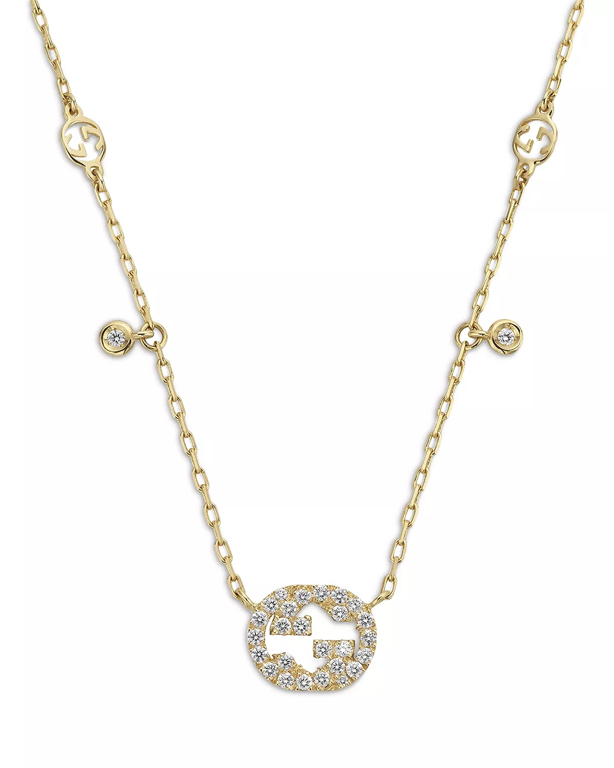 18K Yellow Gold Interlocking G Diamond Dangle Pendant Necklace, 15-16.5" - 2