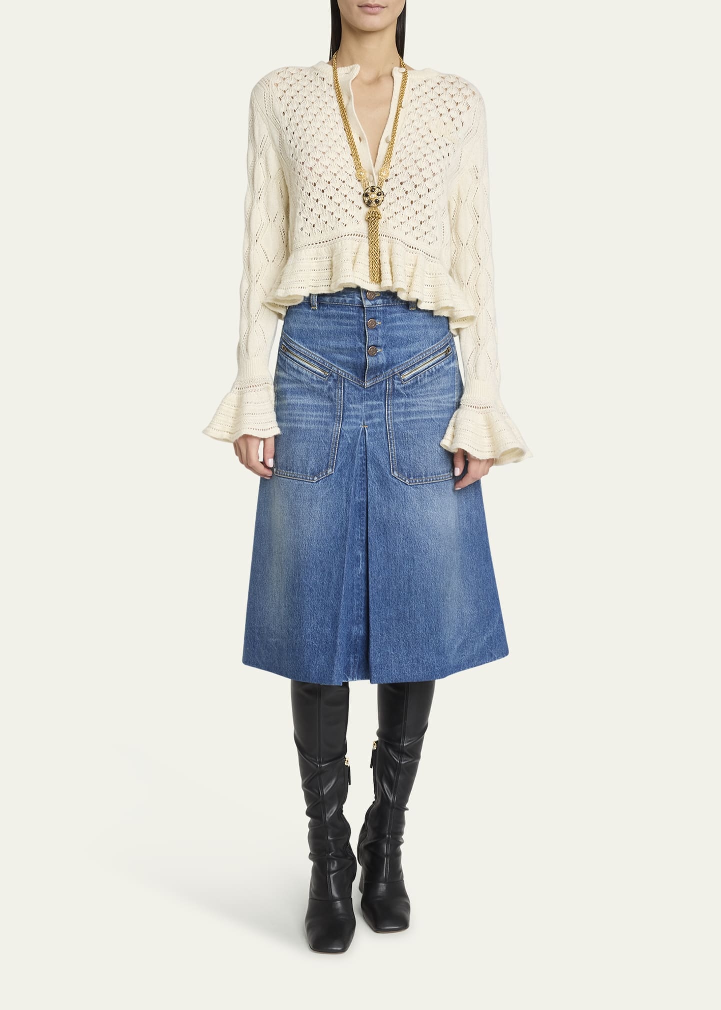 Open-Knit Ruffle Crewneck Cardigan - 2