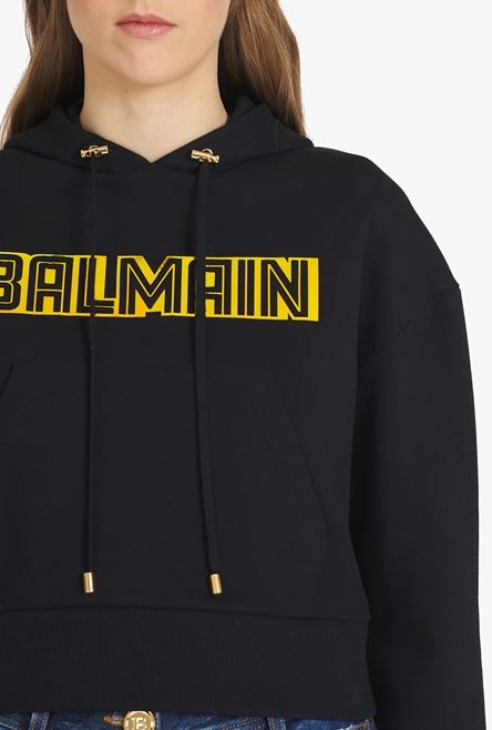 Cropped black cotton sweatshirt with gold Balmain logo - 6