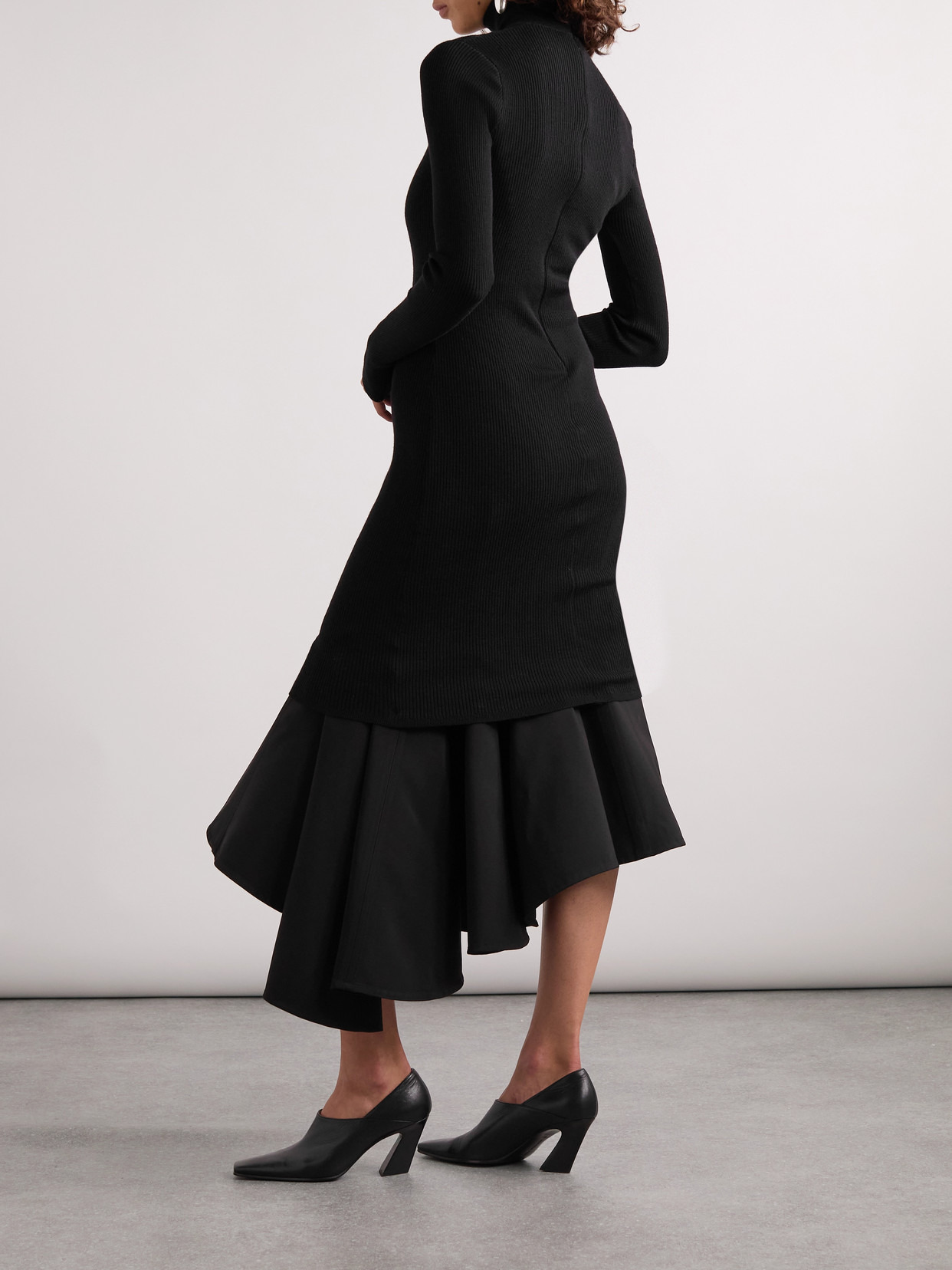 Asymmetric Satin-trimmed Ribbed-knit Turtleneck Midi Dress - 3