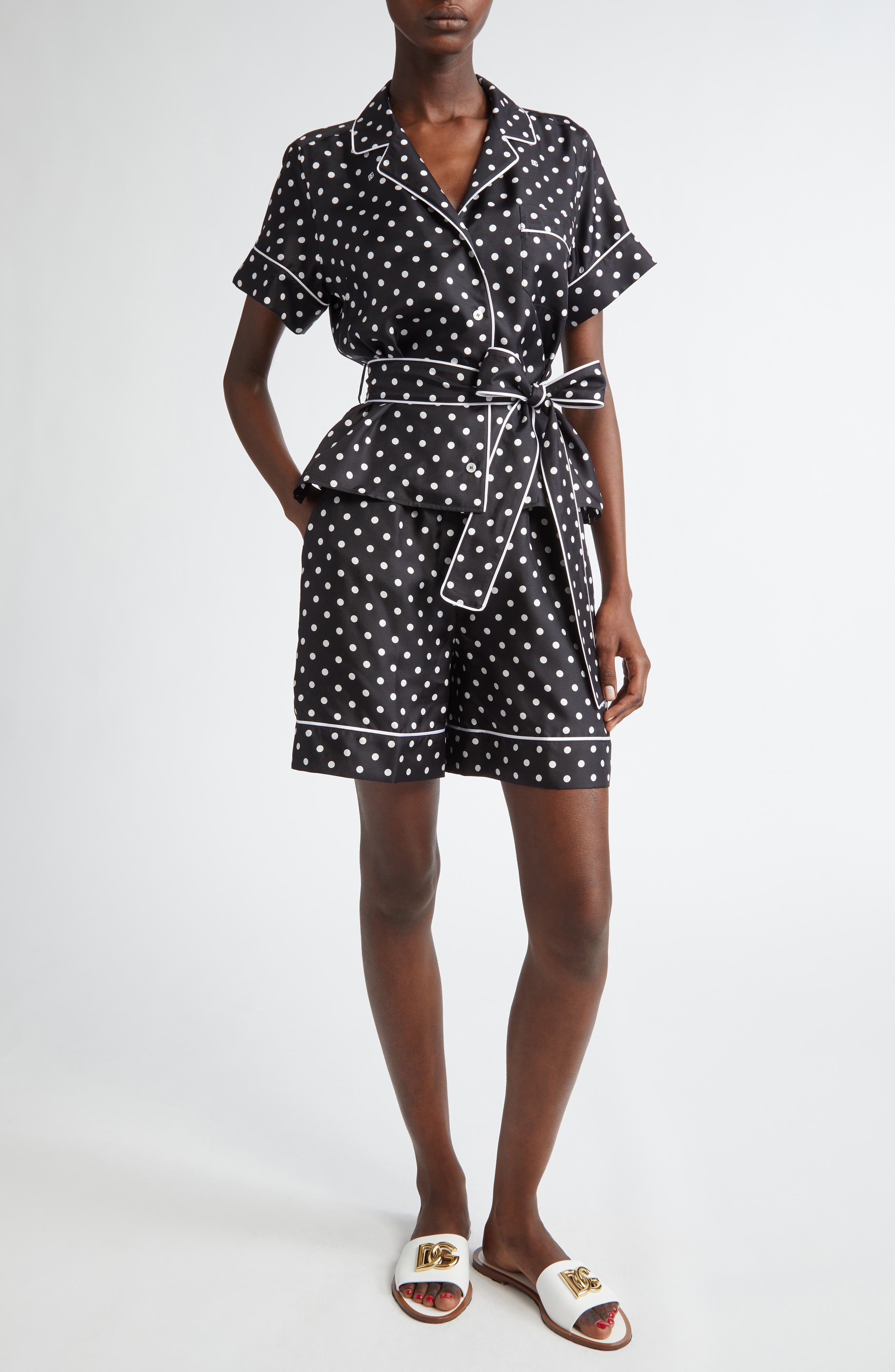 Dolce&Gabbana Polka Dot Silk Pajama Shorts in Nero at Nordstrom - 2