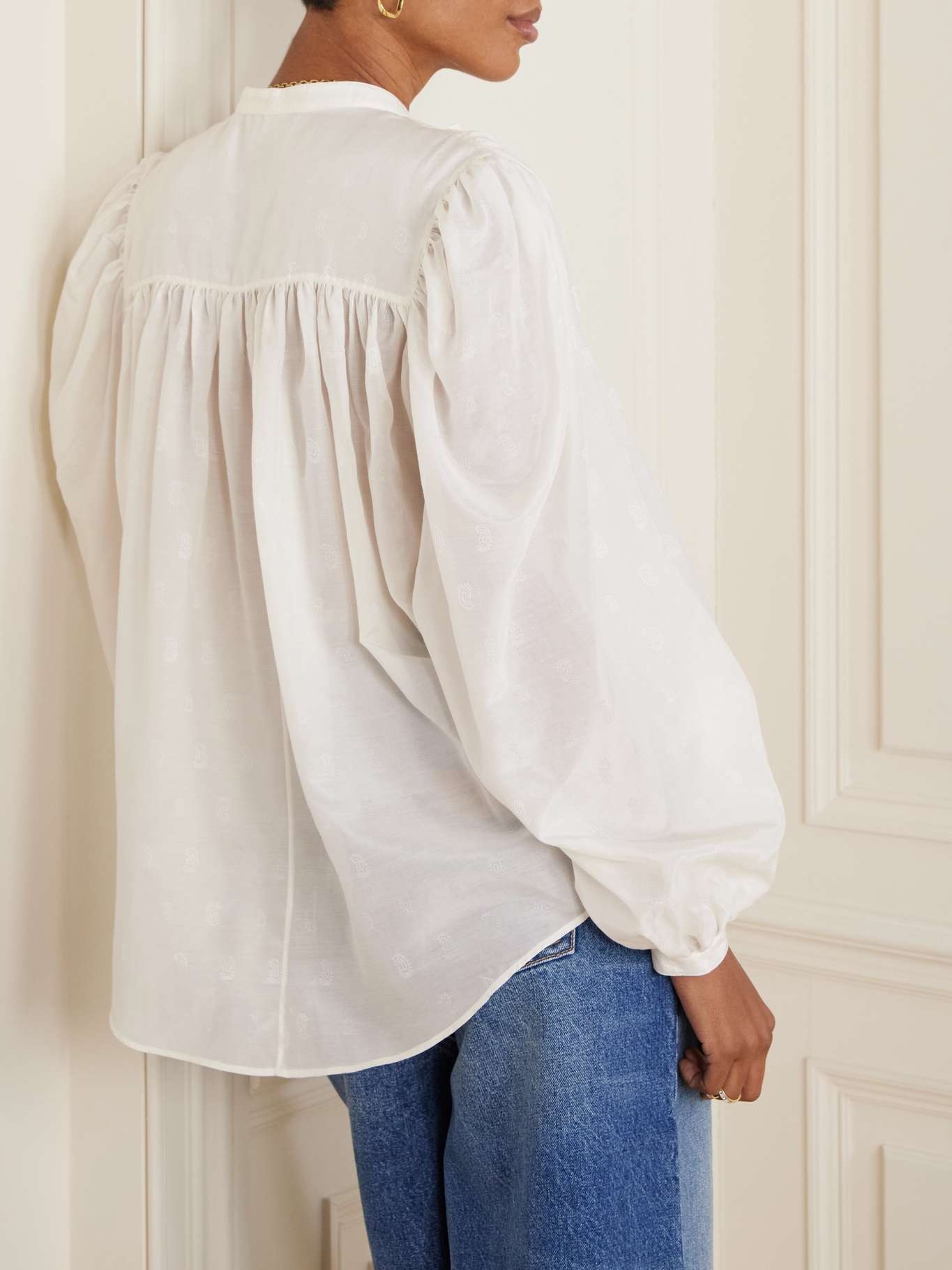 Pleated paisley-print cotton and silk-blend blouse White - 4