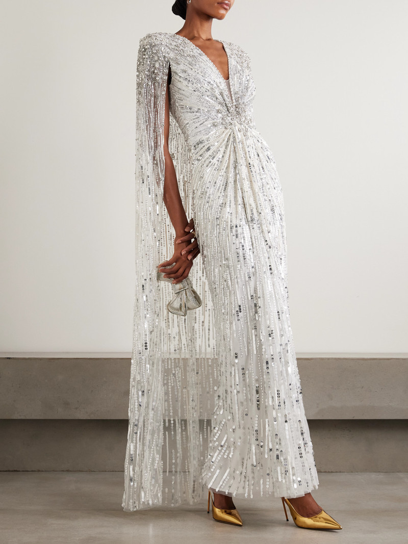 JENNY PACKHAM Symphony Cape-effect Gathered Embellished Tulle Gown outlook