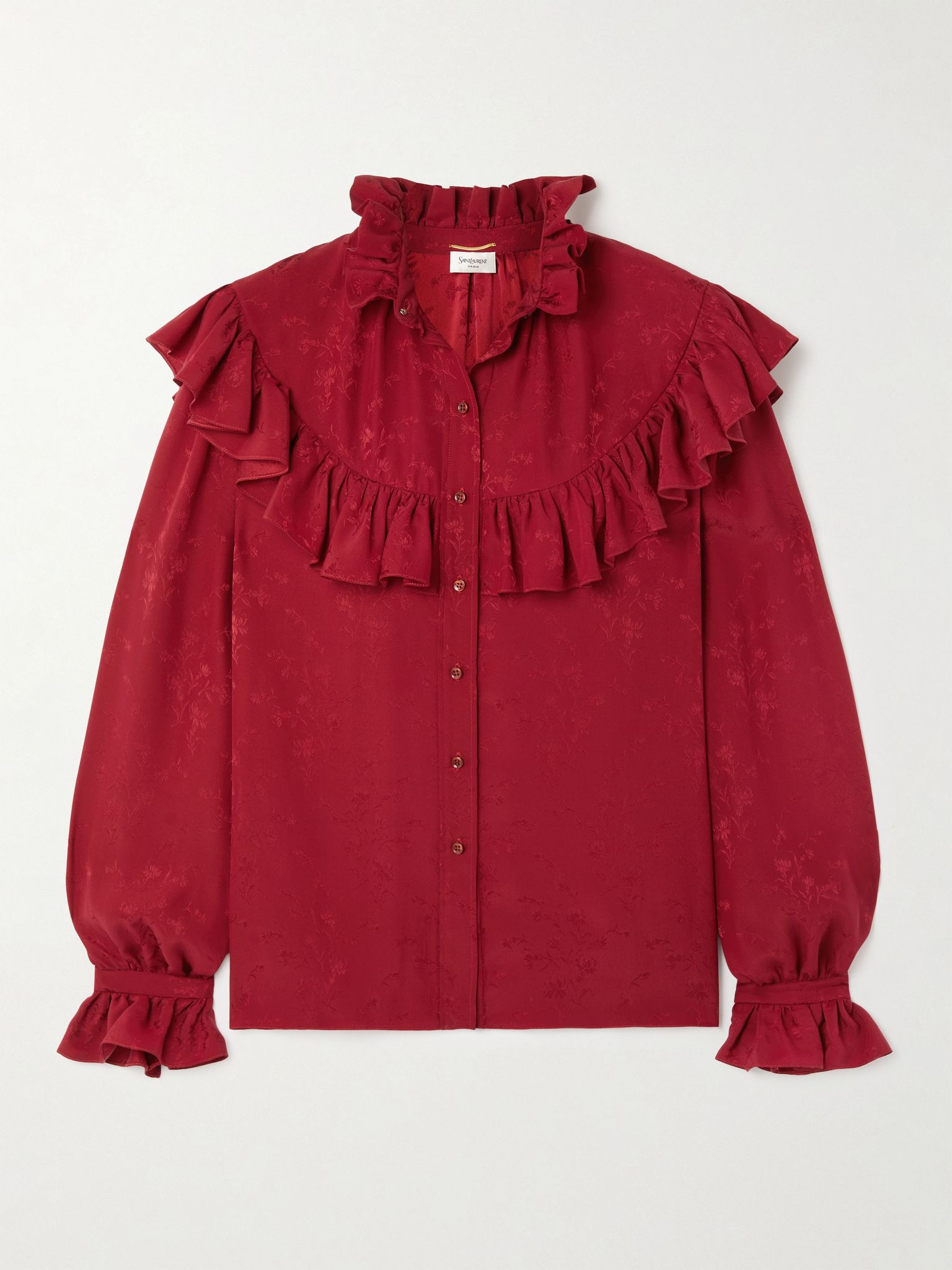 Ruffled floral silk-jacquard blouse Red - 1