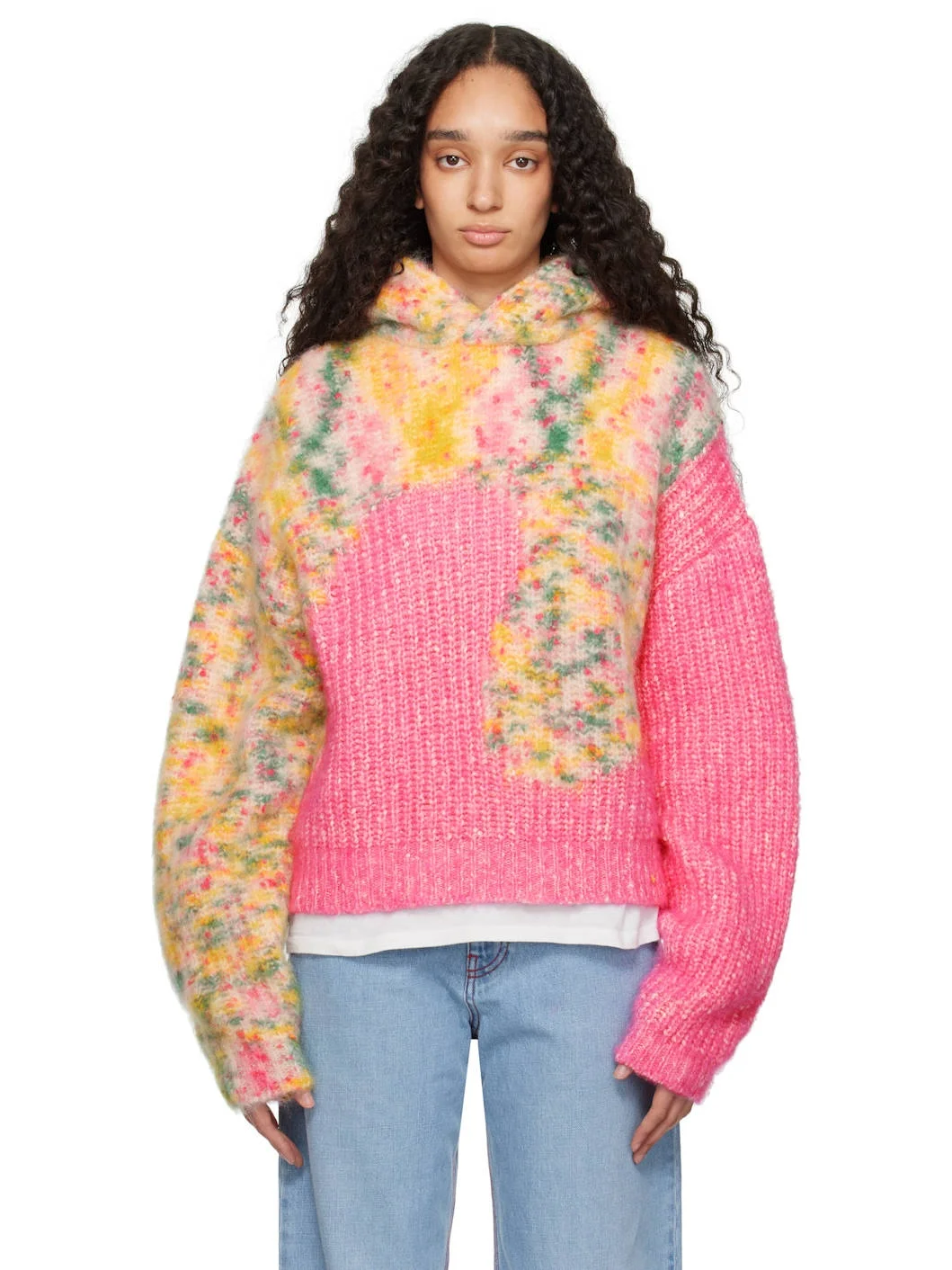 Pink & Yellow Bicolor Swirl Knit Hoodie - 1