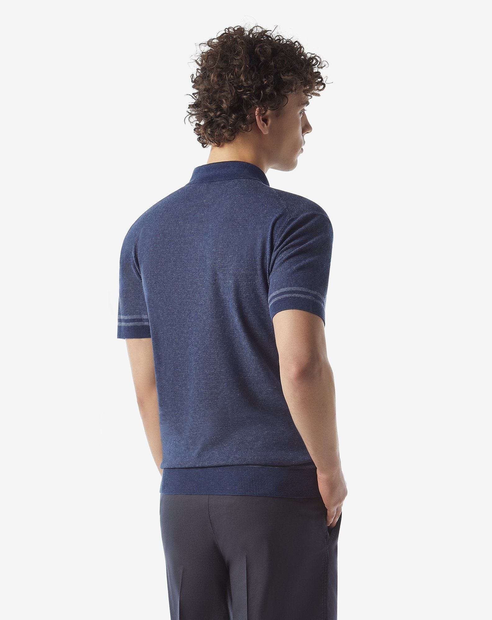 Denim blue linen and silk polo shirt with buttons - 3